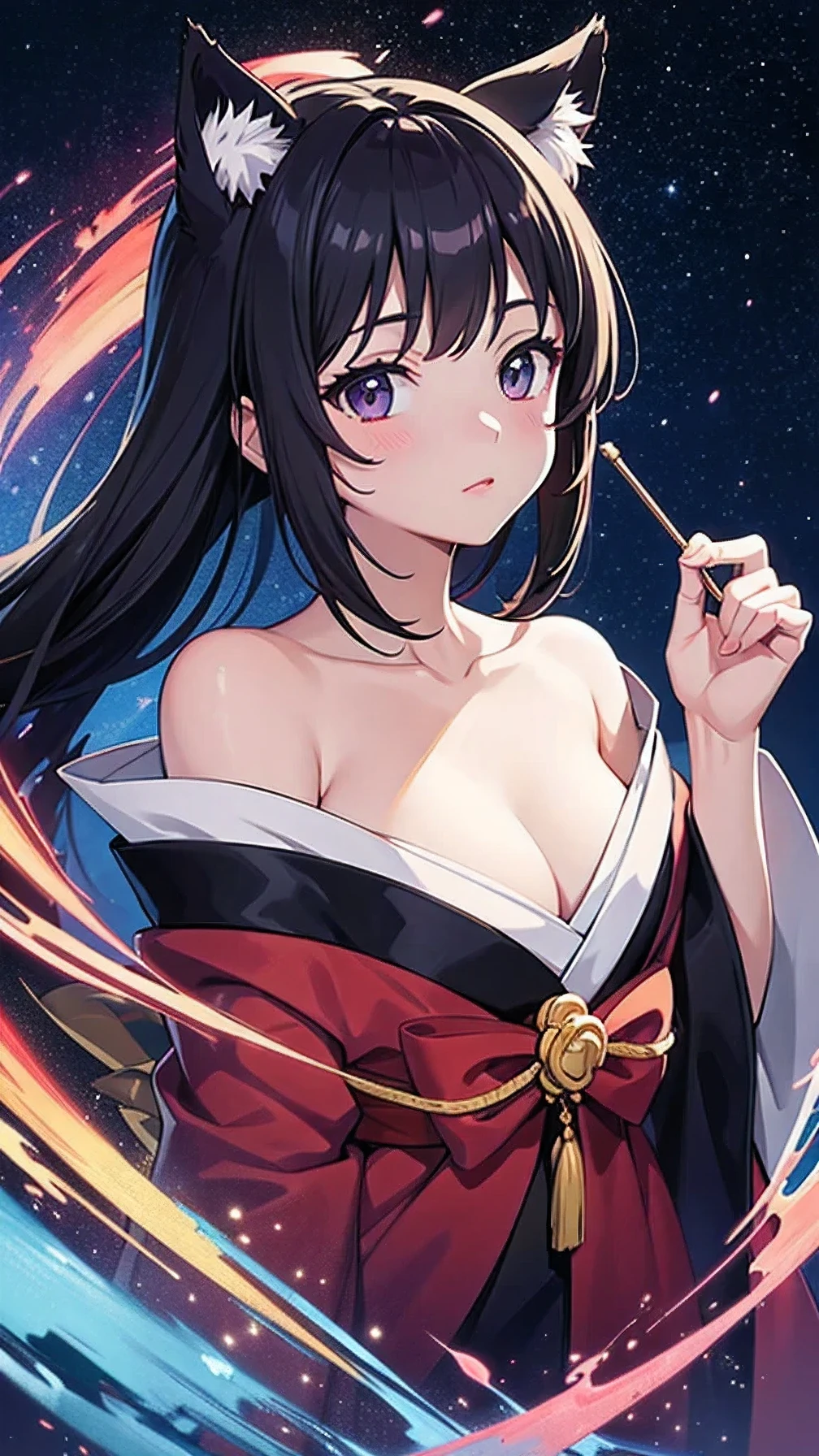 Anime girl with cat ears wearing a kimono with cat ears, shoulder looks, anime drawing Yang Jay, winner of the pixiv competition, serial art, Digital anime illustration, Kawashi, anime style illustration, anime in 4k style, Beautiful anime portrait, anime style portrait, anime style work, Works in the style of Gouweiz, anime illustration, digital anime art, Detailed digital anime art, Beautiful starry sky, ((Beautiful night view))