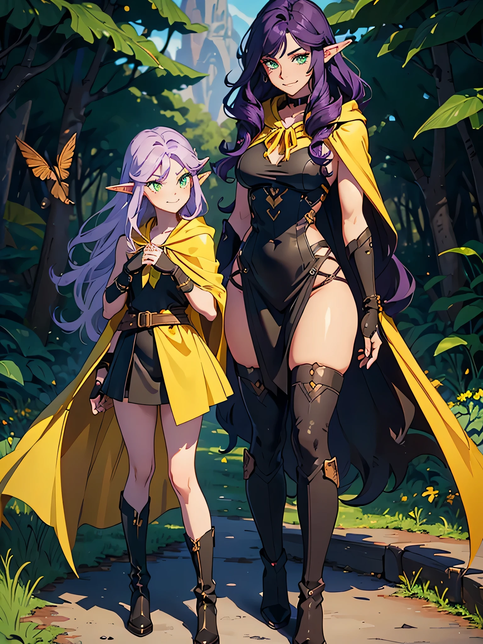 masterpiece, high quality, (1_woman), (full body), (exotic skin_complexion), mature, standing, beautiful, exotic, with long elf ears, ((looking away from the camera)), big smile, ((hands above head)), wearing (((yellow))) hooded cape), hood down, (((yellow cape))), broach, black choker, (thigh highs) with purple embroidery, long fingerless leather gloves, ((small breast)), black sleeveless dress, (bright purple hair), long hair, ((wavy hair)), realistic and detailed face having diamond shaped eyes, (((green eyes)), dark_eyeliner, long_eyelashes), natural dynamic lighting casts detailed shadows, (black thigh highs), knee high dark brown boots, standing outside rustic tavern, forest, mountains in the distance, sunny day,