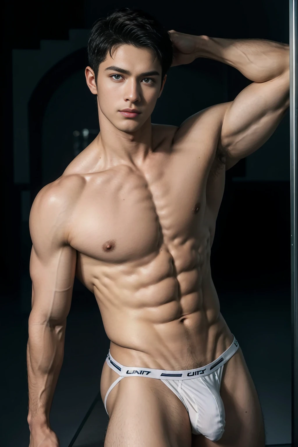 (8K, RAW photo, Highest quality),Realistic,2 handsome men,frontage,Intricate details,Extremely detailed eyes and eyelasheuscular male,Manly,Night sky,Soft lighting,Cinematic lighting,Portrait,Close-up,Lovingly,Exposing the pectoral muscles,Photo of black and blue eyes white gay male model, Blue eyes, Stand in front of a gray background, Sports panties, 22 years old, Lean, beefy, Short hair, Digital SLR, hyper qualit, Fujifilm XT3, Crystal clear, 8K UHD, High detail, Ultra photo realsisim, haar, Pubic hair, ((Realistic skin), ((pores)), ((highdetailskin)), volumettic light, groin, far,sexy underwear,top-down view, complex 3D visualization, high detail, 1 handsome young man (nsfw) looking at the viewer (Pureerosface_V 1:0.6), 18 years old, pure, genuine human skin , (bare chest), muscles, vivid details, hyperrealistic, beautiful background (Medieval: 1,2), octane rendering, 8k, best quality, masterpiece, extremely detailed, computer graphics, unity, wallpapers (realistic, photorealistic: 1.37), stunning, fine details, masterpiece, best quality, official art, extremely detailed CG unity 8k wallpapers,
