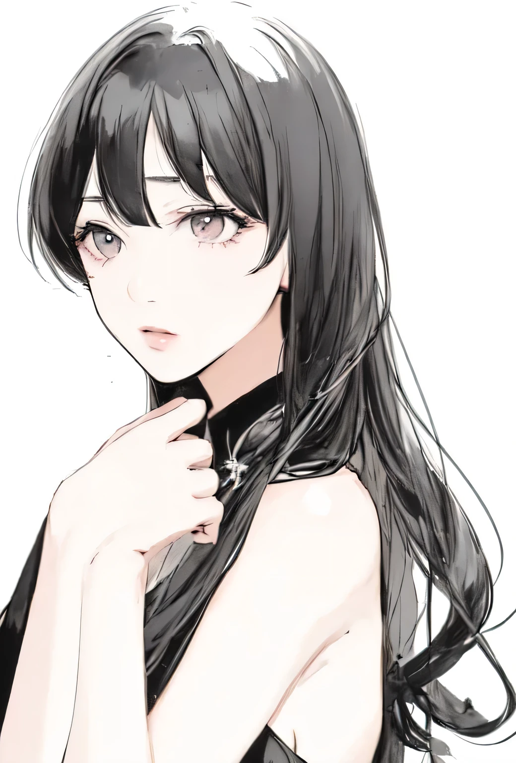 highest quality、High-quality illustrations、Upper Body、Girls in hostess clubs、（Curly Hair:2.0）、Shiny Hair、makeup、Straight face、No bangs、Forehead、Black dress