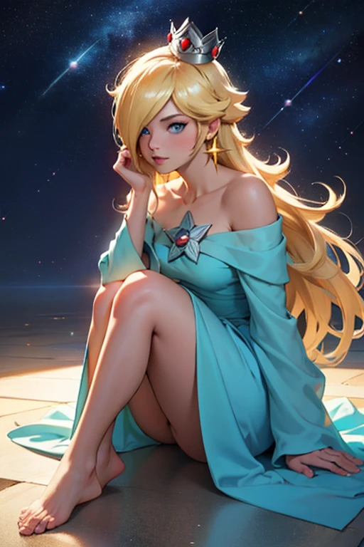 (masterpiece), highest quality, Expressive eyes, Perfect Face, High resolution, 1 girl, alone, Rosalina, Blonde, blue eyes, Hair on one eye, Long Hair, blue dress, Crown, dress, Earrings, jewelry, Princess, Robe, Exposing shoulders, barefoot, star Earrings, space, Starry sky background, Glowing particles, Good lighting, Sitting on the floor, Portraiture, Looking at the audience