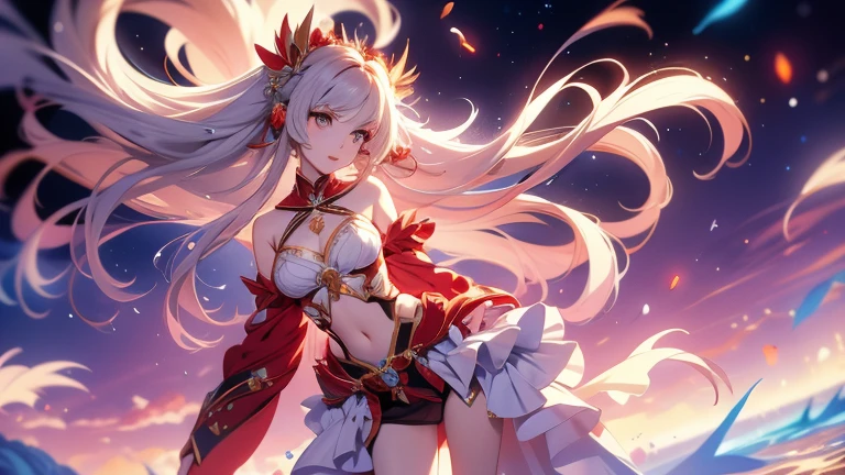 An anime girl with long hair and a white and red sleeve dress is walking, Gweitz, Kschaert Krentz Key Art Feminine, Beautiful full body concept art, Official character art, Anime Goddess, artwork in the style of Gweitz, Keqing of Genshin Impact, Magnificent and elaborate character art, Wallop and Krentz Kuschaert, Amazing character art, Beautiful female priest,The stomach and navel are visible,sexy