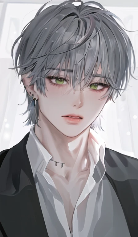 1boy, portrait, earrings, solo,lips,  male focus, green eyes, looking at viewer, grey hair, short hair, closed mouth, 