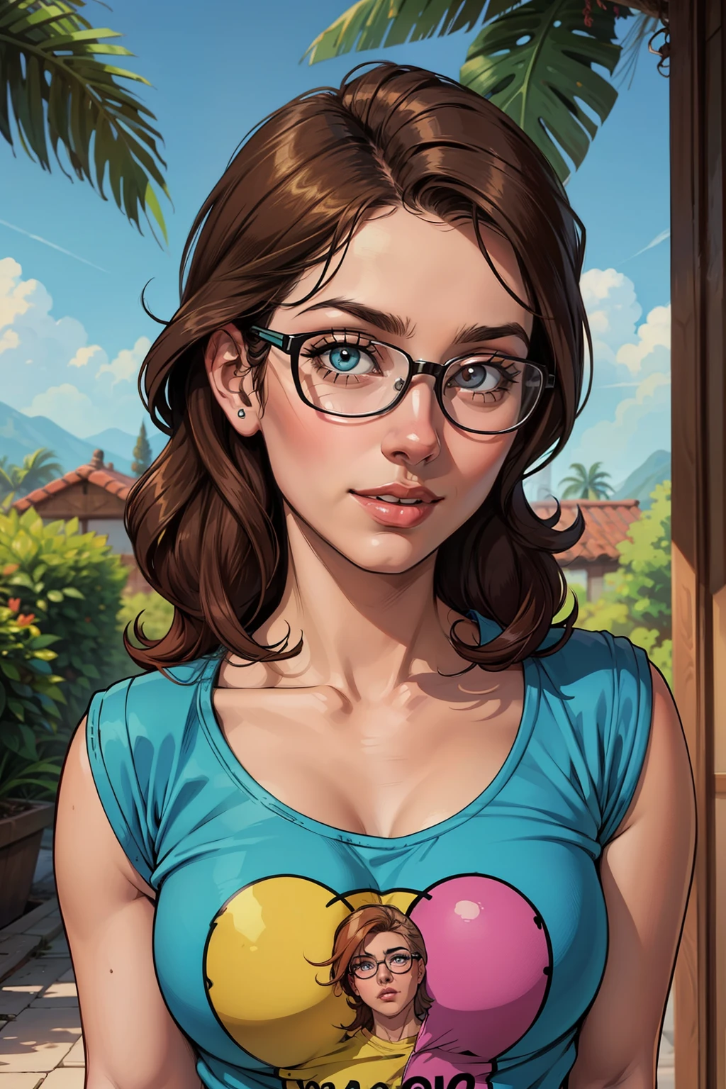 (soulful, close-up of woman's face:1.4).Tall, slender ((redhead)) woman of Irish descent. (pale:1.3)complexion. blue eyes, cute butt, nice legs. Kind eyes, ((cute smile)). Eyeglasses, very light makeup, tank top, ripped jeans, bare feet, messy ponytail. Painting in art studio. Masterpiece, (highly detailed:1.2),(detailed face and eyes:1.2), depth of field, 8k wallpaper, natural lighting, core shadows, high contrast, bokeh.(rule of thirds)