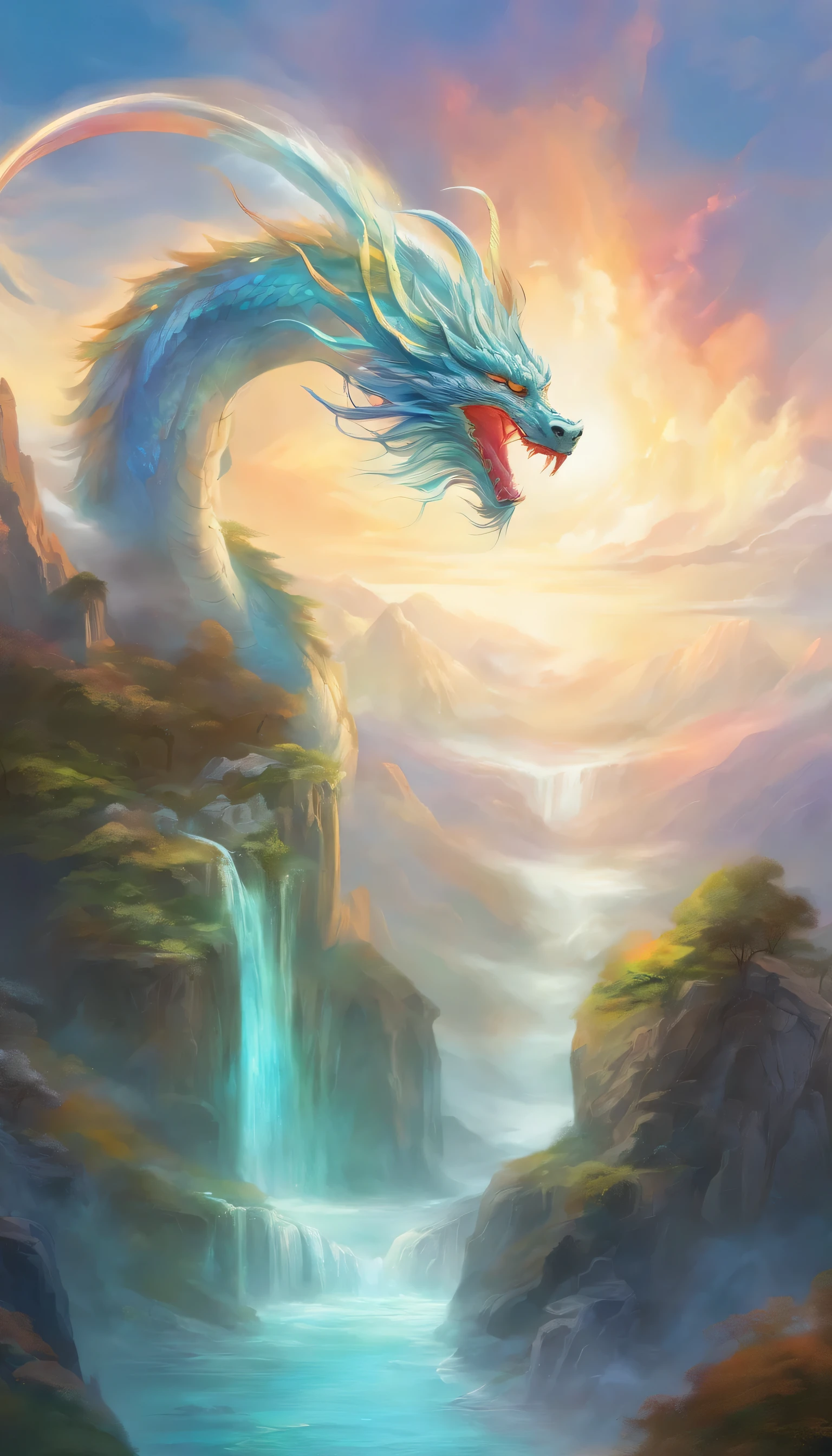 Landscape painting,White rainbow background,giant chinese dragon white in the air,a huge gem grows,sparkling water and ice