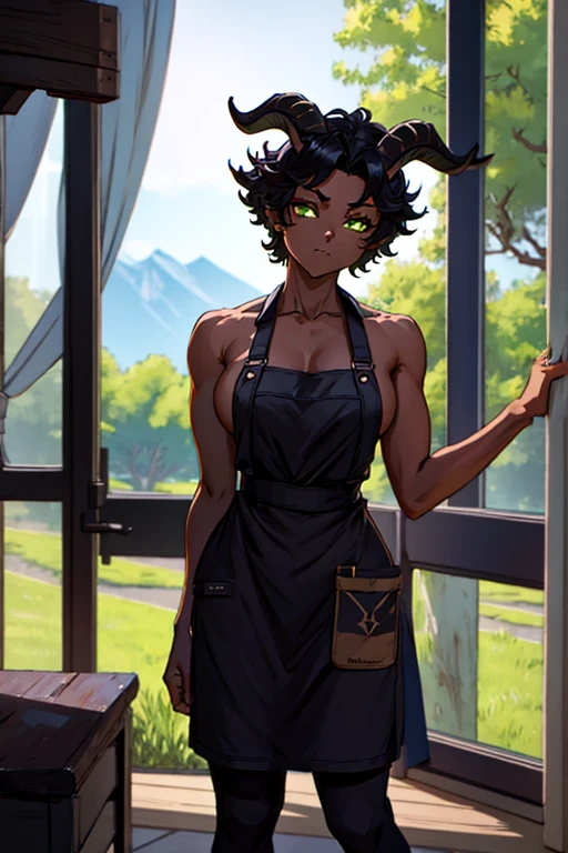 (Masterpiece) (High Detail) (High Res) (Black Skin) (Anime) (Full body picture) A beautiful young adult, black humanoid FutEred, dark skin, soft detailed face, detailed green eyes, short scruffy black hair, goat ears, short symmetrical black goat horns, looking smug at the camera, toned body, small breasts, wearing a leather work apron and loose pants, dressed like a blacksmith, working in a smithy