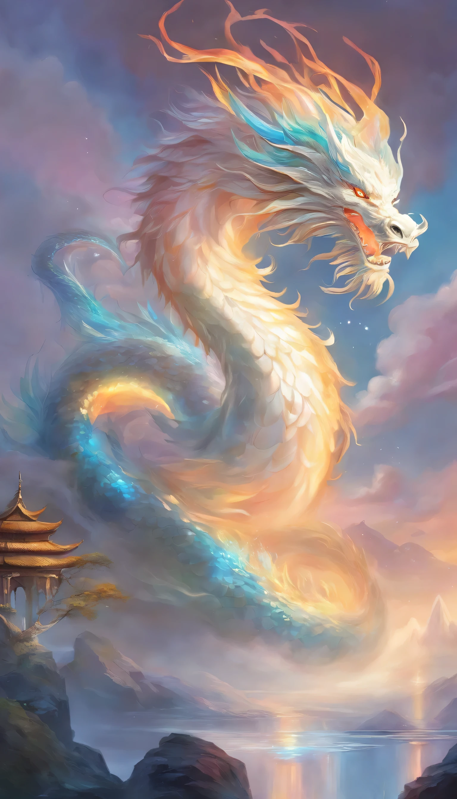 Landscape painting，White rainbow background，giant chinese dragon white in the air,a huge gem grows,sparkling water and ice