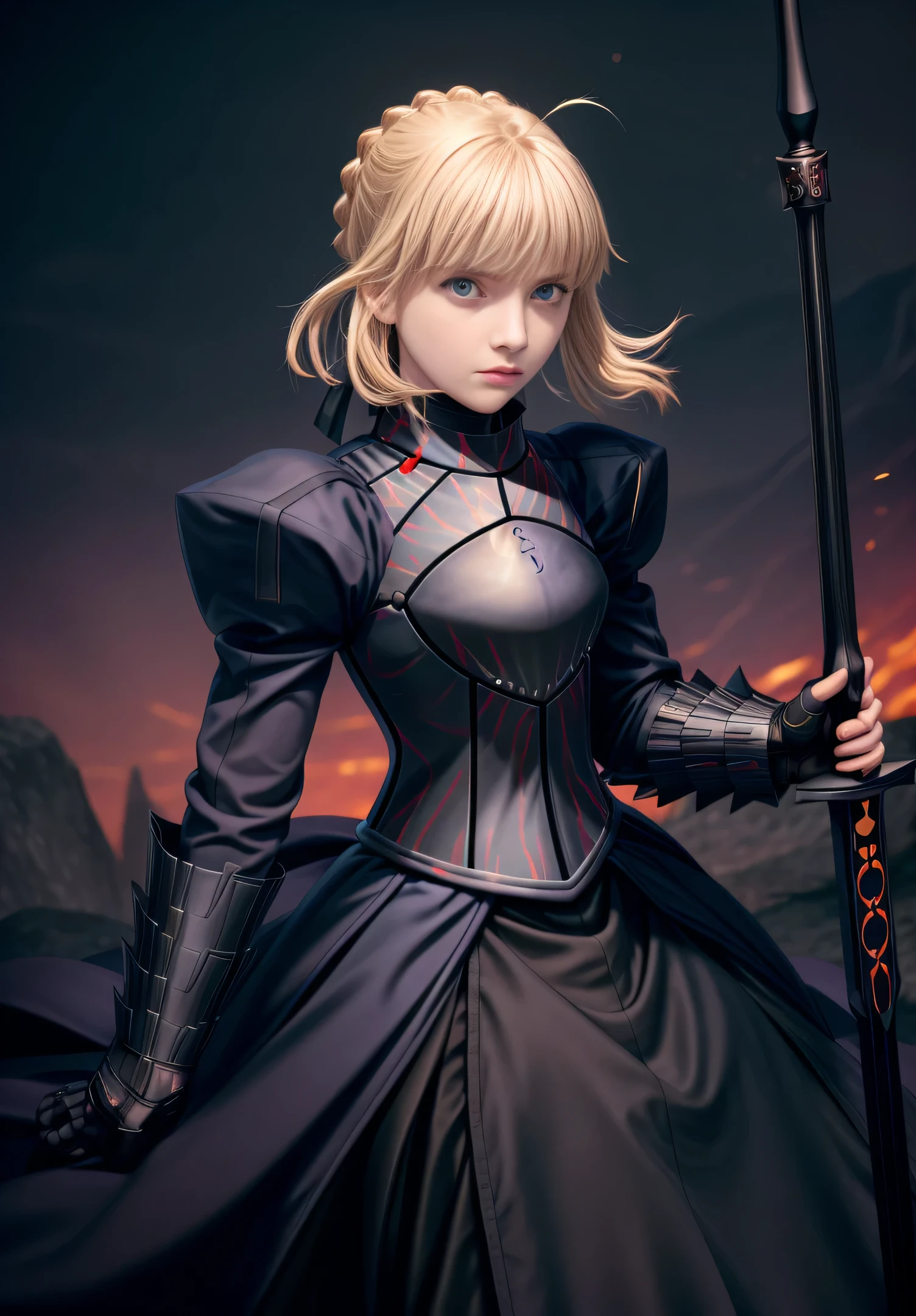 Best quality, Masterpiece, phAlter, phAltoria, 1girll, Solo, Dark weapons, Dark armor dress, Sword of Darkness, view the viewer, Armed with a dark weapon, Dark gloves, Armed with a dark sword, hair between eye, Black dress, chest plate, Black armor, side locks, bangs, french braid, parted lip, Puffy sleeves, Long sleeves, Short hair,detailed