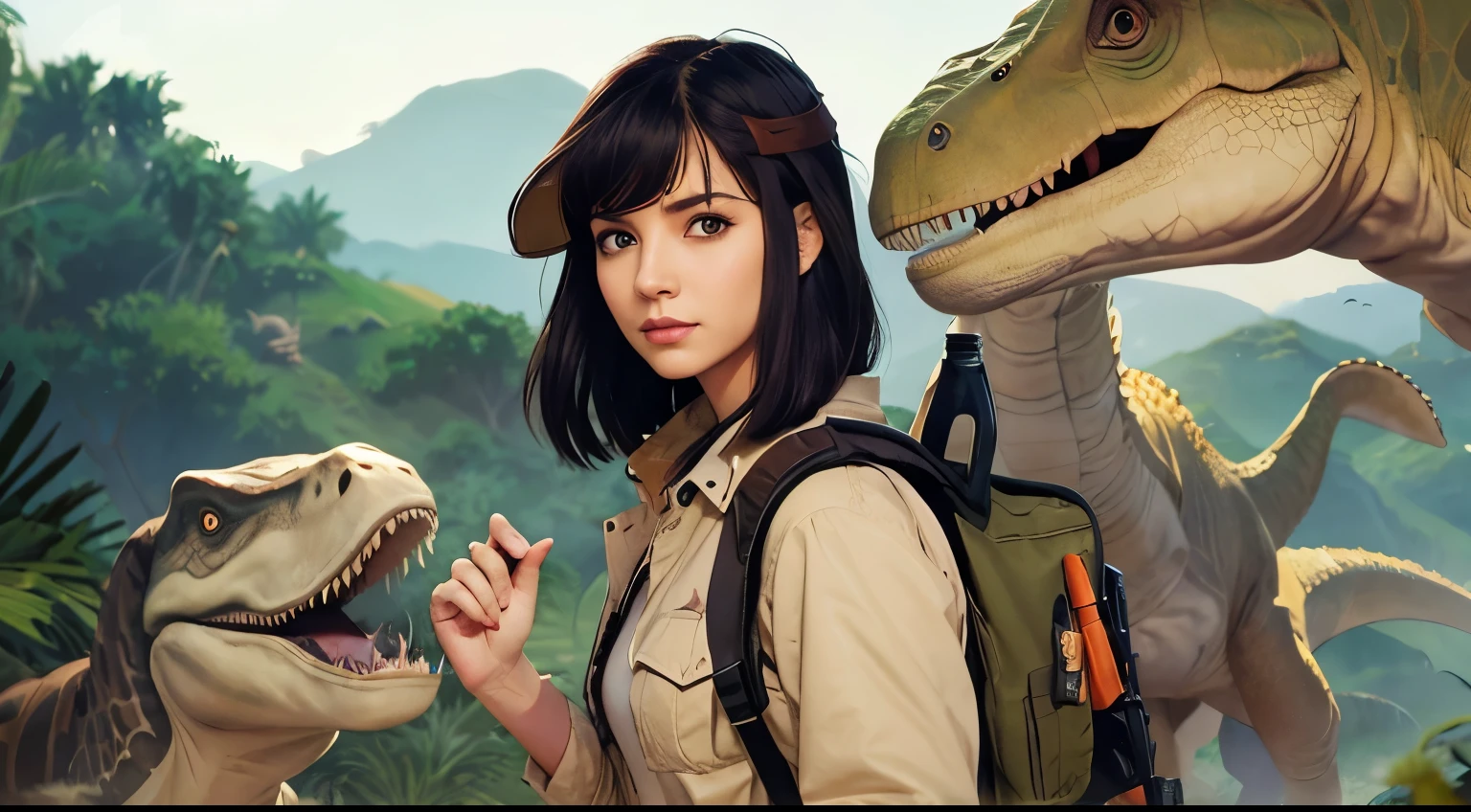 Arabian style image of a woman in safari clothing standing next to a dinosaur, jurassic image, Background artwork, Artjam and Athi Gairan, Lois van Baarle and Ross de Rose, kate bishop, Promotional Art, epic full color illustration, Official Art, Gweiz style artwork, high detailed Official Artwork, Official Fan Art, Lofi Art