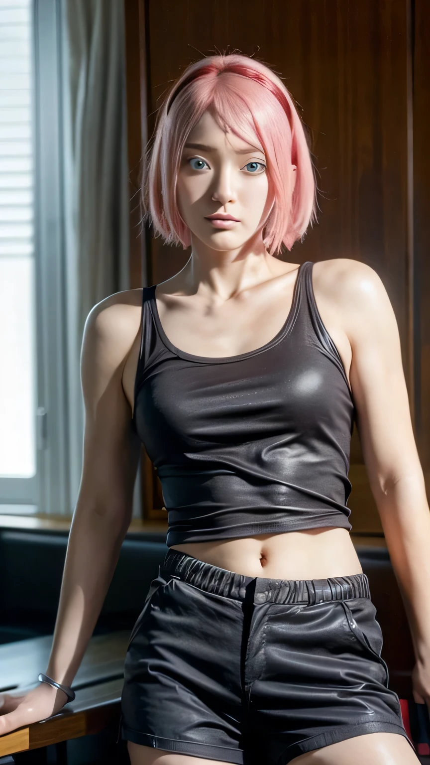 masterpiece, ,(solo:1.1), perfect face, (bright lighting:1.2),beautiful detailed eyes, extremely detailed face, perfect lighting,masterpiece, best quality, 1girl,haruno sakura, sexy pose, black short pants, black tanktop