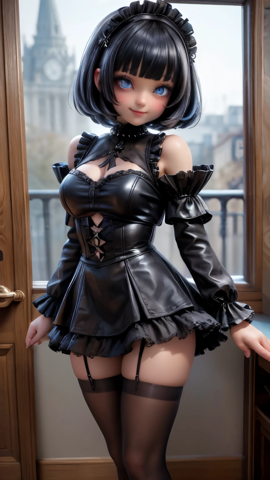 one-girl，Black bobbed hair with bangs，With large black round-framed eyes，blue color eyes，frilly micro miniskirt, heavy Goth makeup, Smile at the camera，Gothic