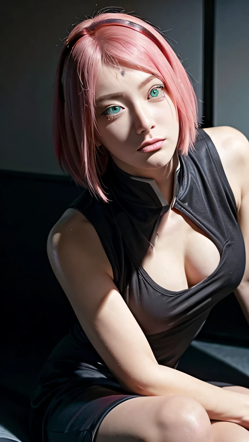 masterpiece, ,(solo:1.1), perfect face, (bright lighting:1.2),beautiful detailed eyes, extremely detailed face, perfect lighting,masterpiece, best quality, 1girl,haruno sakura, sexy pose, black short pants, black tanktop