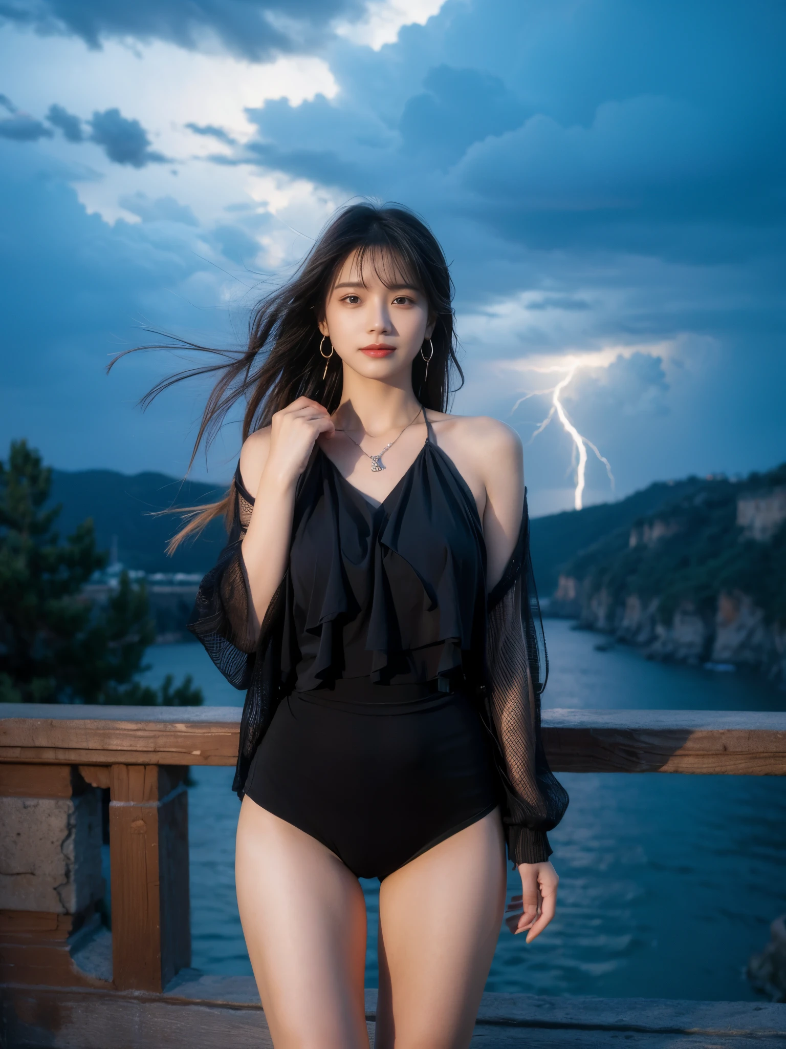 Official Art, Unity 8k Wallpapers, Ultra Detailed, Beautiful and Aesthetic, Beautiful, Bold Colors, (Parting Art), Perfect Details, Masterpiece, Best Quality, Smile, ((Perfect Thighs)), High Resolution Full Body, Ultra realism, cinematic lighting, divine light, layered processing (HD layer, character layer, background layer), f/4.0, kanon, (super sharp on face), huge file size, shiny skin, detailed The skin, the detailed face, the detailed eyes, the top of the huge canyon, (strong wind), hair similar to the color of wind and thunder, showing off, (storm vortex pendant, lightning earrings, dark clouds looming like a storm, thunder, thunder and lightning scattered ),