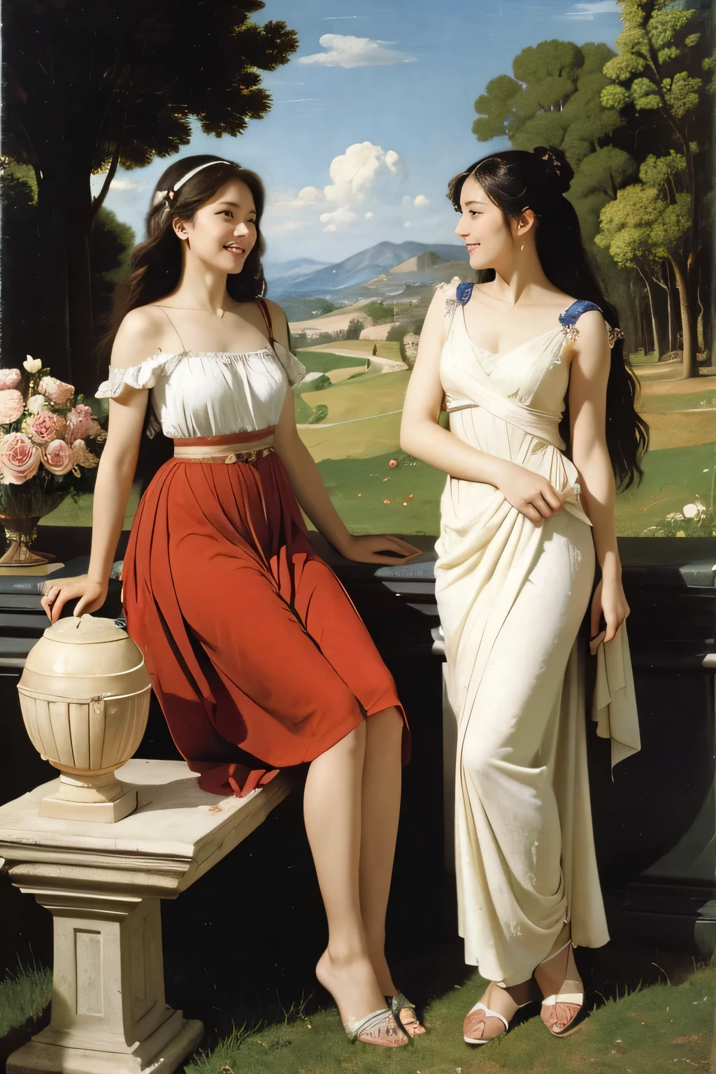 full body portrait or statue、Giorgione painting style,Arguments of two female Philosophe,math、astronomical machine、astronaut、roses in vase、fruits、Cute trinkets、smile、ancient greek costume、Ancient Roman landscape in the style of Nicolas Poussin,laughter,,Sweet and seductive appearance.、Caravaggio's paintings、Chiaroscuro of Caravaggio、hair tousled by the wind,Two women frolicking,cute smile, expression of ecstasy,Sexy,erotic,