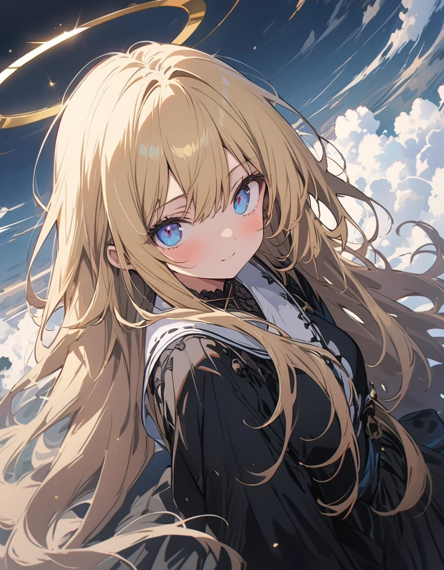 (非常にdetailedな 、 8k wallpaper,masterpiece, highest quality, 非常にdetailedな),(Best lighting, Best Shadow, Very delicate and beautiful),floating,High saturation,Blonde+blue eyes:1.2,Gloomy Gothic Landscape, Long Hair, Gazing into the distance. (長いブロンドの髪と輝くblue eyesのゴシック照明を持つ美しい女の子)、(highest quality、masterpiece、High resolution、detailed)、animeスタイル、Flat Style、(Shining Eyes、detailed美しい顔),  BREAK,extremely detailed、Dynamic Angle、anime