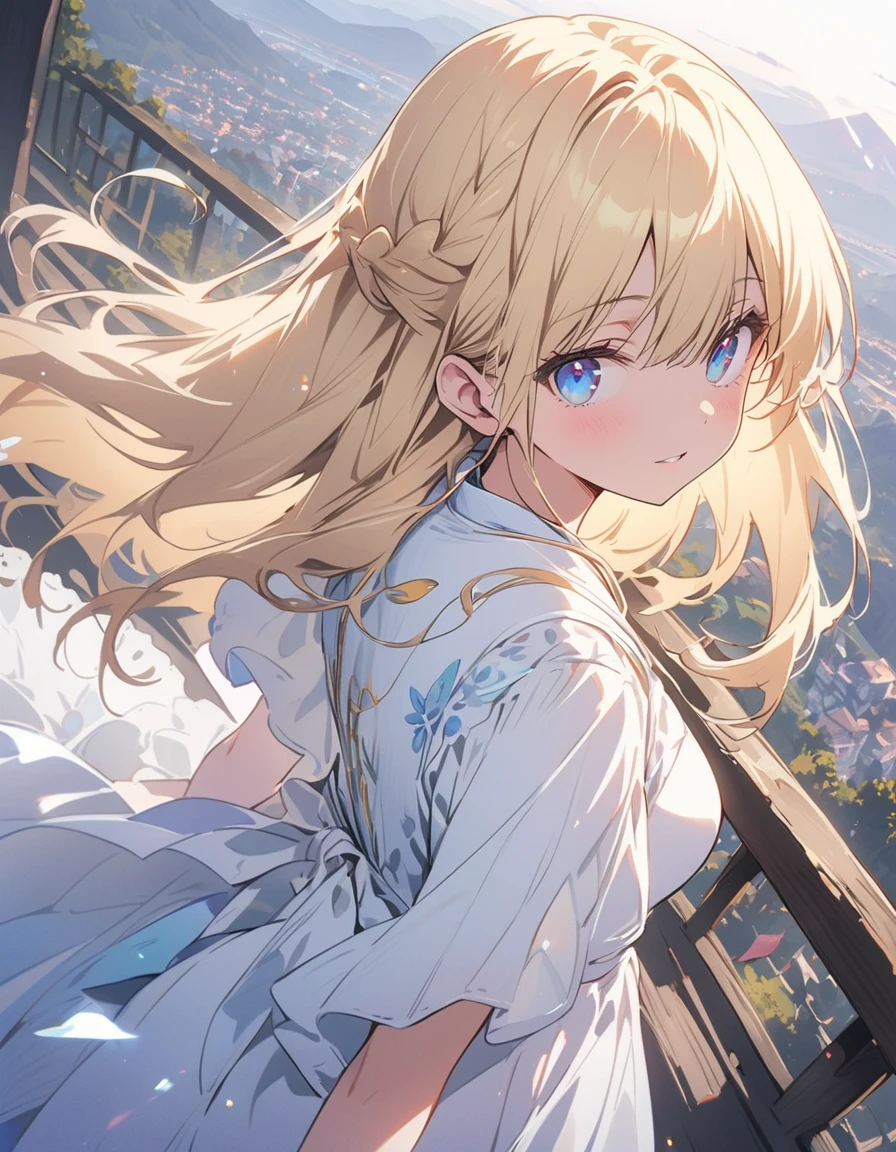 (非常にdetailedな 、 8k wallpaper,masterpiece, highest quality, 非常にdetailedな),(Best lighting, Best Shadow, Very delicate and beautiful),floating,High saturation,Blonde+blue eyes:1.2,Gloomy Gothic Landscape, Long Hair, Gazing into the distance. (長いブロンドの髪と輝くblue eyesのゴシック照明を持つ美しい女の子)、(highest quality、masterpiece、High resolution、detailed)、animeスタイル、Flat Style、(Shining Eyes、detailed美しい顔), BREAK,extremely detailed、Dynamic Angle、anime