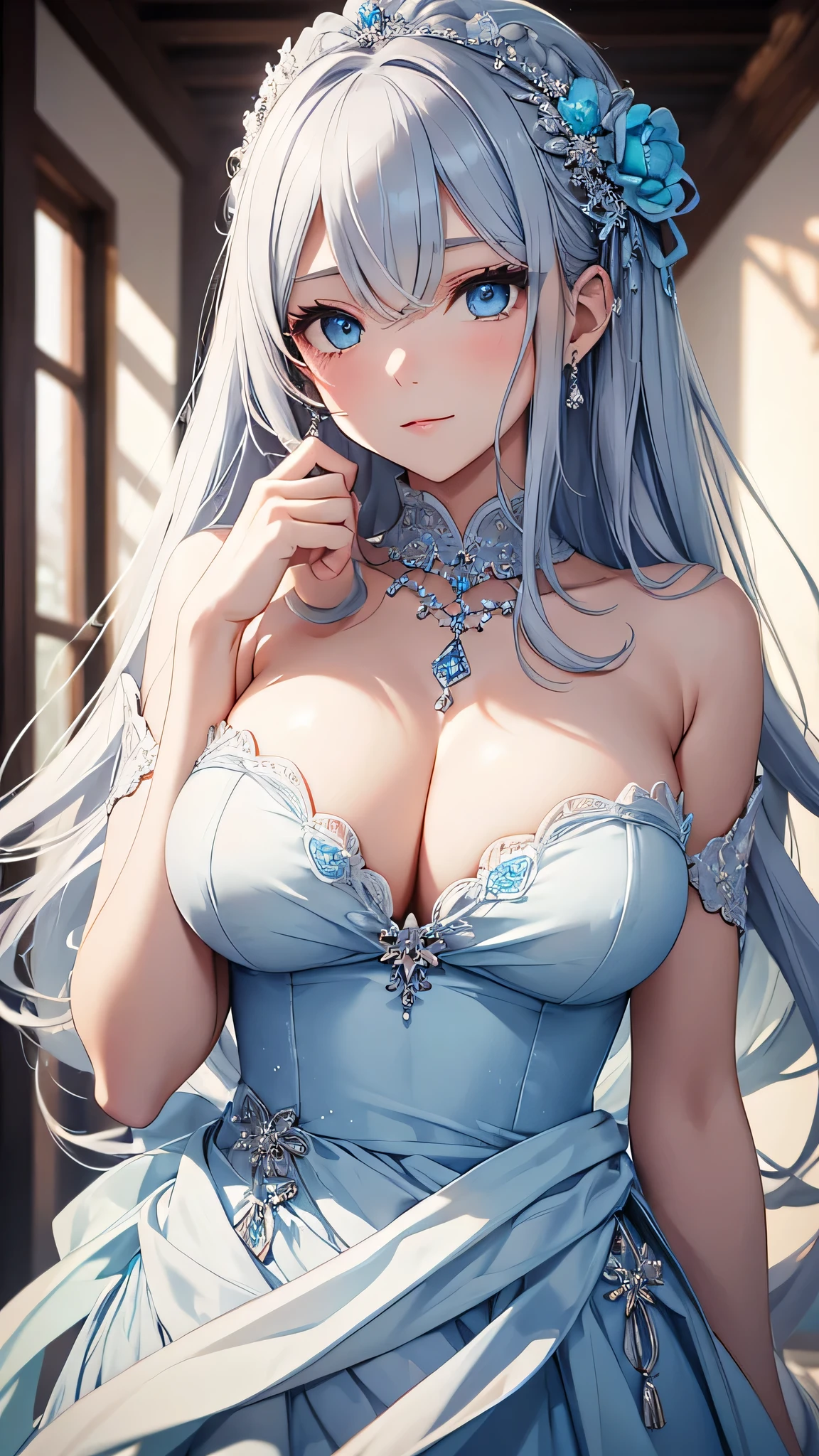 highest quality、Highest quality、Highest Resolution、beautiful girl, Gray Hair, blue eyes, Sexy light blue wedding dress, Big Breasts、blue hair ornament