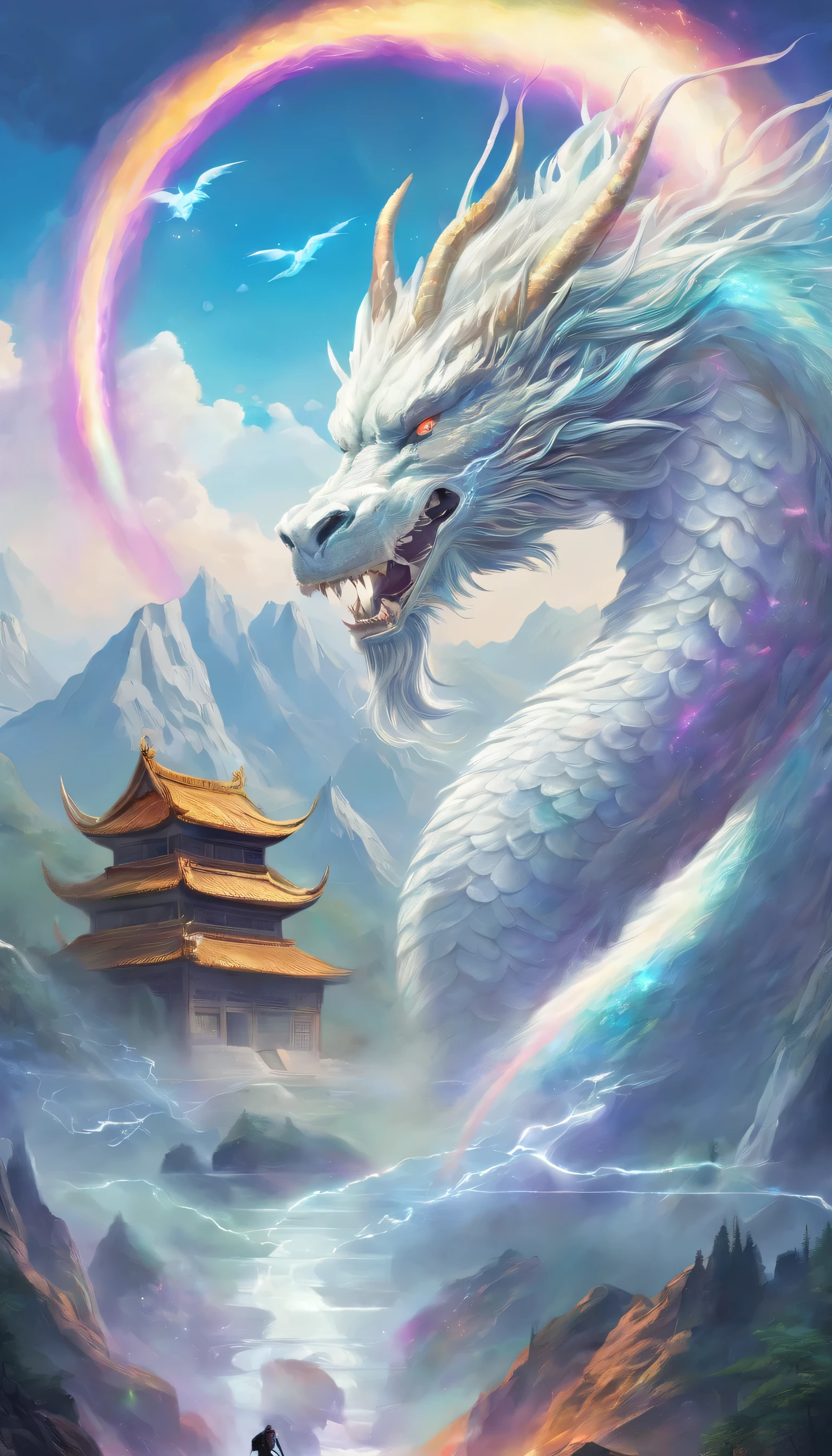 Landscape painting,White rainbow background,giant chinese dragon white in the air,a huge gem grows,sparkling water and ice