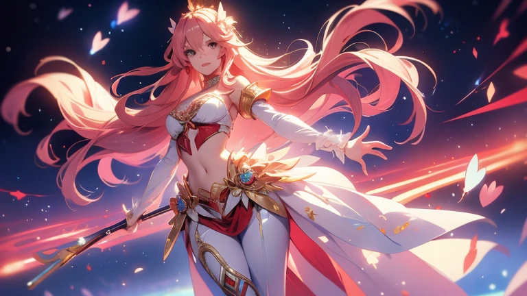 An anime girl with long hair and a white and red sleeve dress is walking, Gweitz, Kschaert Krentz Key Art Feminine, Beautiful full body concept art, Official character art, Anime Goddess, artwork in the style of Gweitz, Keqing of Genshin Impact, Magnificent and elaborate character art, Wallop and Krentz Kuschaert, Amazing character art, Beautiful female priest,The stomach and navel are visible,sexy,White see-through trousers
