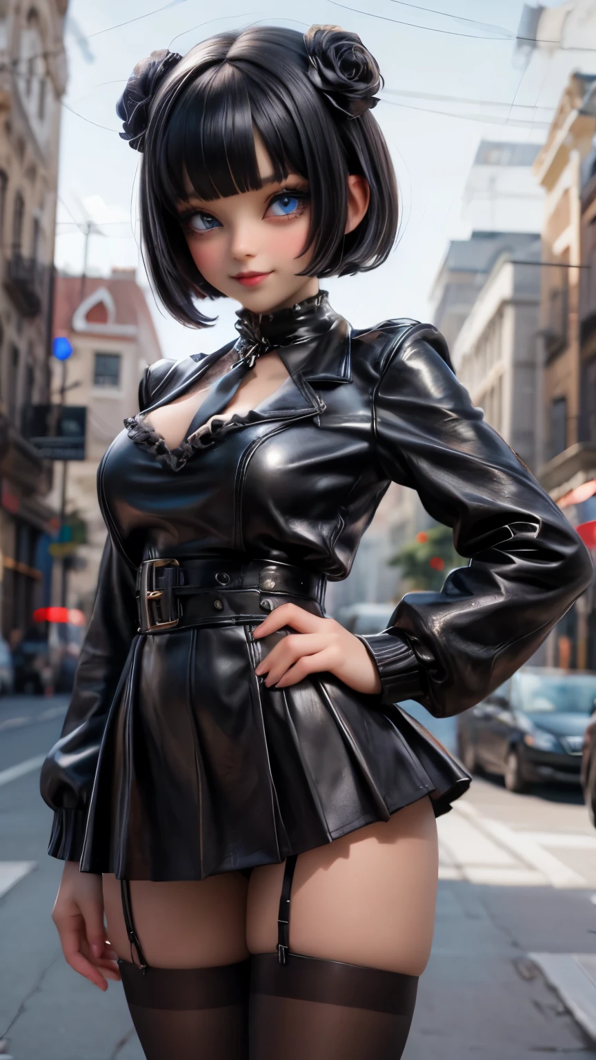 one-girl，Black bobbed hair with bangs，With large black round-framed eyes，blue color eyes，frilly micro miniskirt, heavy Goth makeup, full lips with black lipstick, white panty, Smile at the camera，Gothic