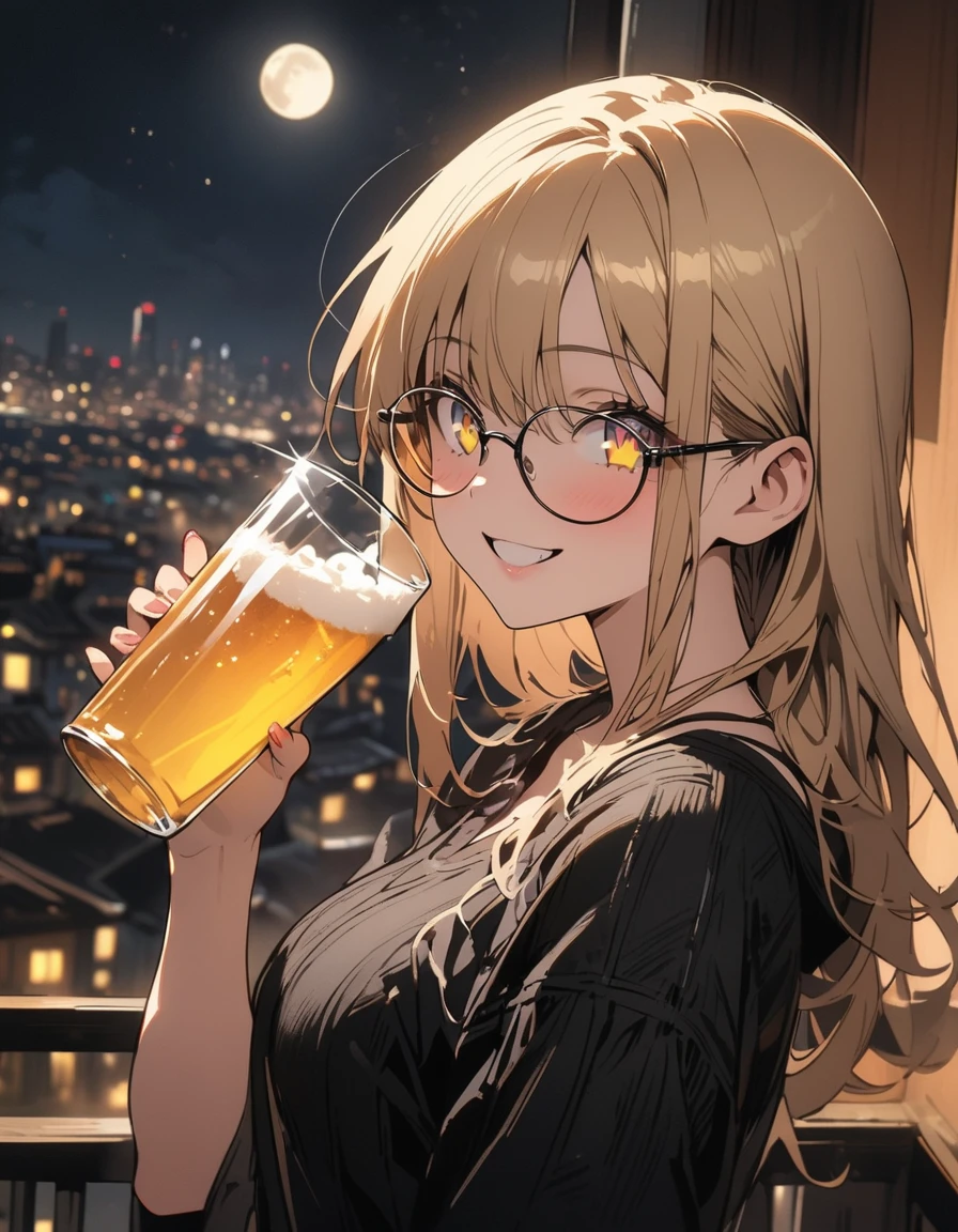 (masterpiece), best quality, expressive eyes, perfect face, At night, under the city lights,
on a balcony of an apartment,
a woman drinks beer, smiling,
wearing glasses, under the moon and stars,
feeling the night breeze.(highest quality、masterpiece、High resolution、detailed)、animeスタイル、Flat Style、(Shining Eyes、detailed美しい顔),  BREAK,Dynamic Angle、anime