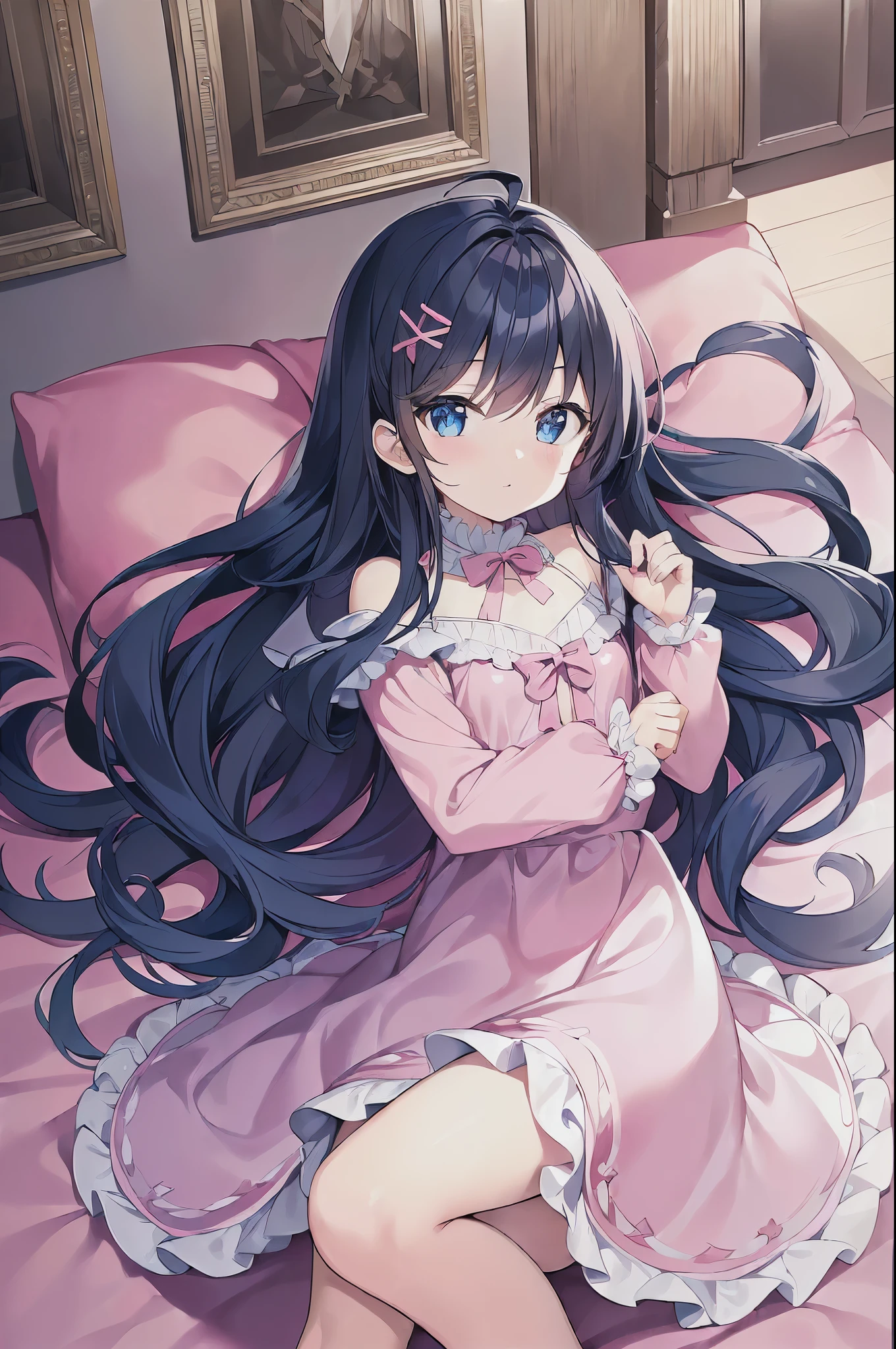 (((masterpiece))) (((highest quality))), (((beautiful))), (((8k))), (((High resolution))), (((Great illustrations))), (1 girl:1.3), (child:1.5), (On top of that:1.2), (Dark blue straight long hair:1.3), (very long, Dark blue sideburns), (Very wide parted dark blue bangs:1.3), (Simple hair clip:1.4), (Ahoge:1.4), (Small blue eyes:1.2), (Slightly droopy eyes:1.3), (Super thick and super long sideburns:1.1), (Ultra-flat chest:1.4), (Very small breasts:1.4), (Laughter:1.3), (Cowboy Shot:1.3), (Super cute long sleeve pink blouse with frills:1.5), (Super cute pink skirt with frills:1.6), (Confectionery room:1.5), (Lie on the bed:1.4)