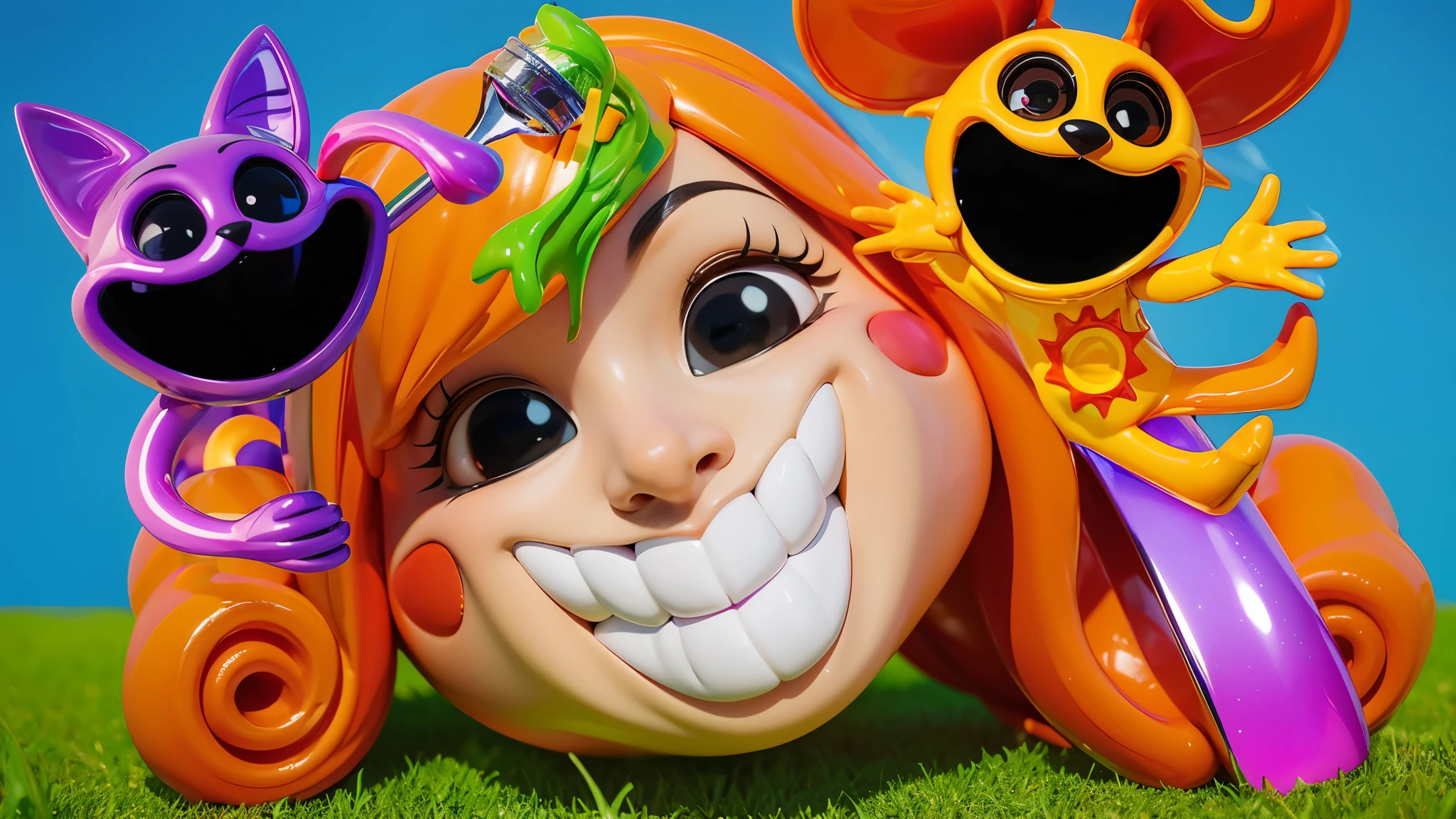 cartoon characters stand next to each other, Electricsbunny, Holographic creatures, Beeple and Jeremiah Ketner, 🐋 as 🐘 as 🤖 as 👽 as 🐳, Rabbids at a metal concert, cute 3D rendering, 3D icon for mobile game, robot rabbit, Shiny metallic, 3D персонажи violet cat toy, toy cat laying on glossy metalic floor, glossy texture, smooth 3d model, multiple light sources, rim light, sharp post effects render, (glossy metallic texture with multiple big light probe refractions), perfect cgi, cgi art created only with gradients, smooth silhouette, high intensity refraction, (super glossy chrome material), most beautiful vfx, blue background, chrome metal refractions