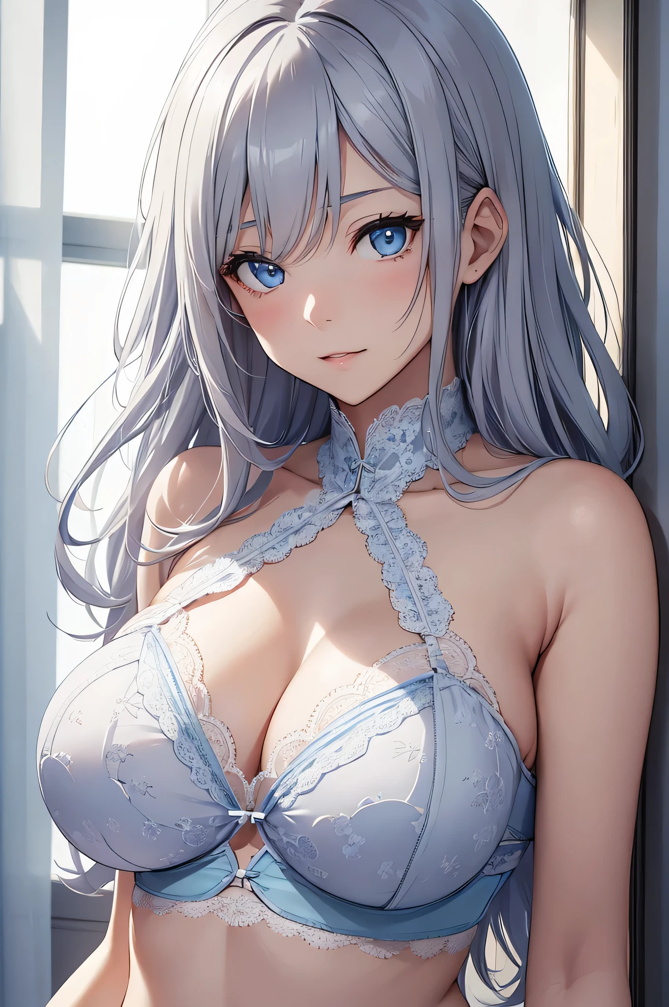female(Adult female sex), Gray Hair, blue eyes, Light blue underwear and white lace, Big Breasts