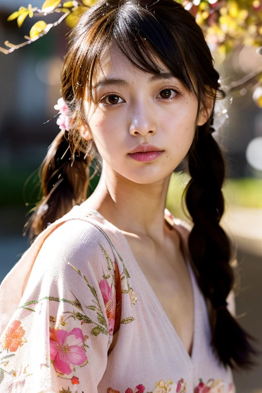 (Realistic:1.3), Rembrandt Lighting, (masterpiece:1.2), (photoRealistic:1.2), (highest quality), (Detailed skin:1.3), (Intricate details), Ray Tracing,One girl, Japanese Girls, 21 years old, Detailed skin texture, (blush:0.5), Scattered beneath the surface, front, bangs, Hair between the eyes, Twin tails, Floral print, Autumn scenery, Plum blossom, (It was transparent:1.2),actress,Yuuko Araki,