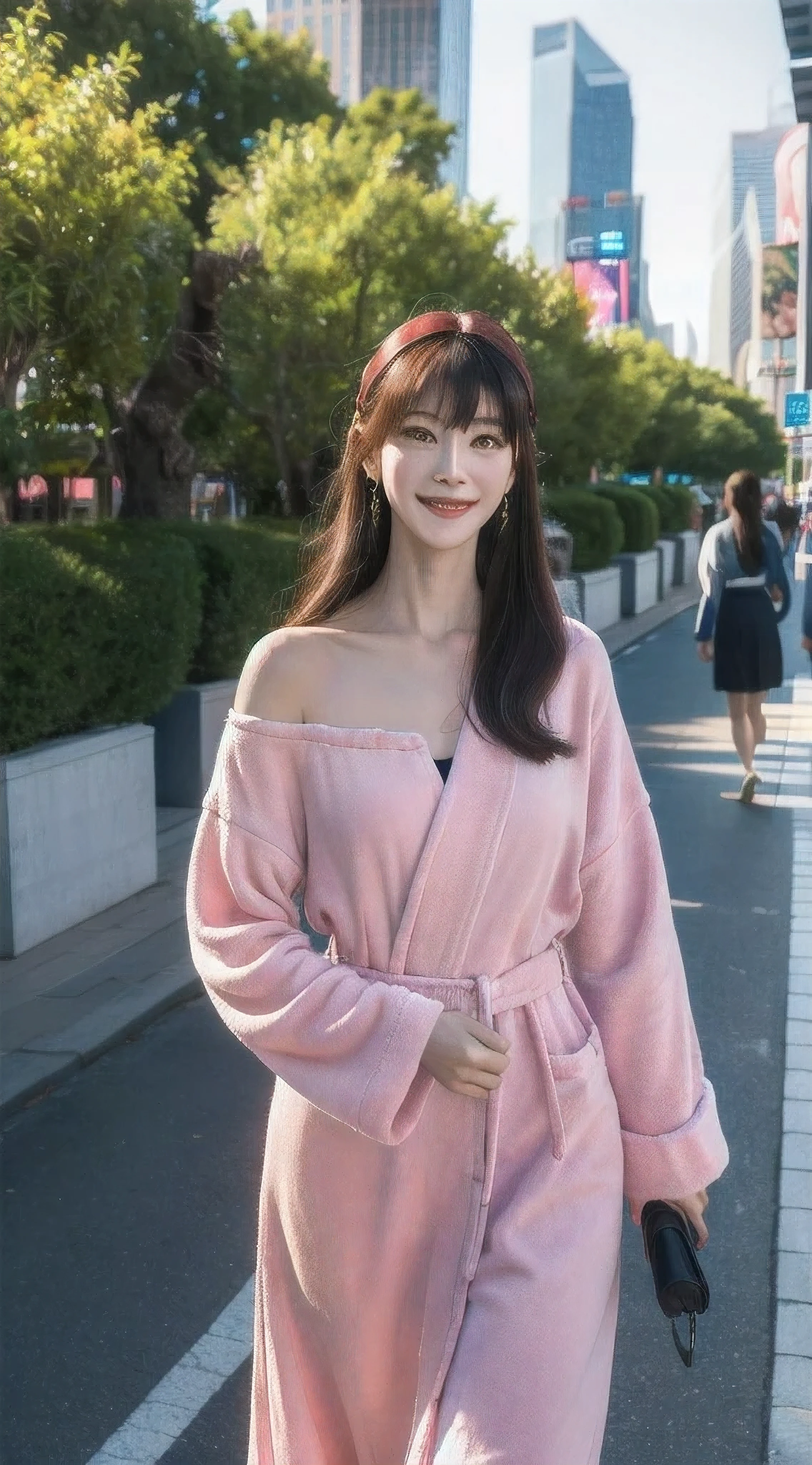 yor, Mature female, bangs, side locks, Red eyes, pink hair, hair adornments，sportrait, (face:1.2), schoolgirls, smile,bare shoulders​, walking at time square buzz, (Robe:1.21), clavicle, Willow Branch, (masterpiece best quality :1.2),