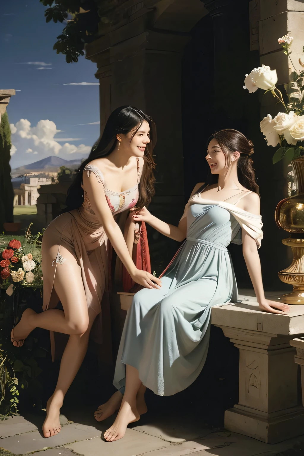 full body portrait or statue、Giorgione painting style,Arguments of two female Philosophe,math、astronomical machine、astronaut、roses in vase、fruits、Cute trinkets、smile、ancient greek costume、Ancient Roman landscape in the style of Nicolas Poussin,laughter,,Sweet and seductive appearance.、Caravaggio's paintings、Chiaroscuro of Caravaggio、hair tousled by the wind,Two women frolicking,cute smile, expression of ecstasy,Sexy,erotic,