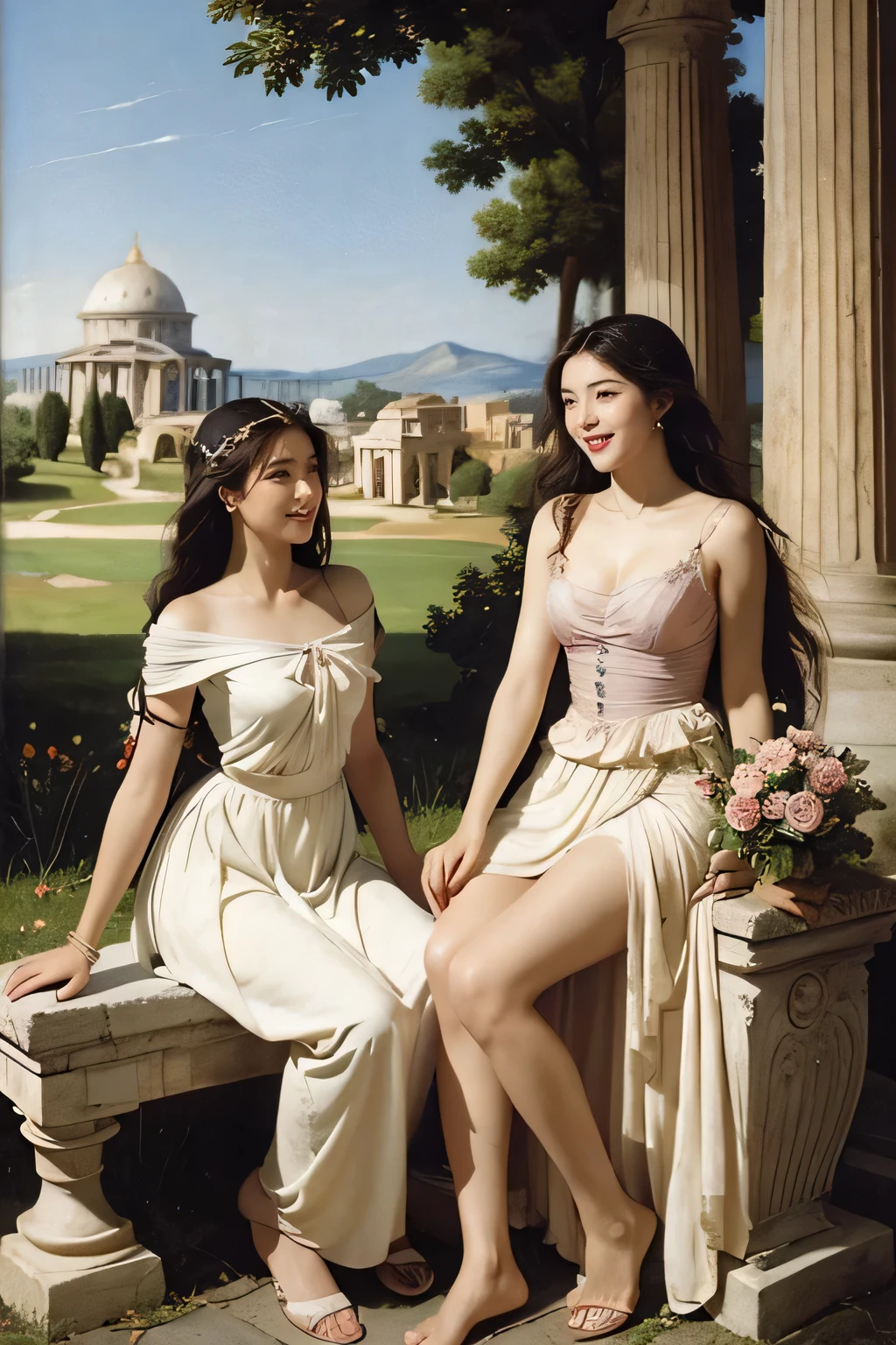 full body portrait or statue、Giorgione painting style,Arguments of two female Philosophe,math、astronomical machine、astronaut、roses in vase、fruits、Cute trinkets、smile、ancient greek costume、Ancient Roman landscape in the style of Nicolas Poussin,laughter,,Sweet and seductive appearance.、Caravaggio's paintings、Chiaroscuro of Caravaggio、hair tousled by the wind,Two women frolicking,cute smile, expression of ecstasy,Sexy,erotic,