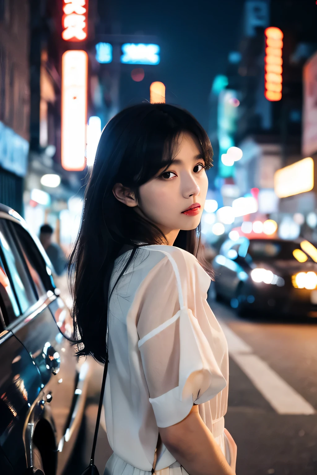 ((best quality)), ((masterpiece)), (Cinematic Aesthetic:1.4) Photo of a beautiful korean fashion model bokeh city night