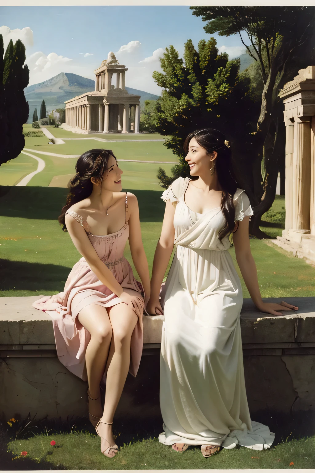 full body portrait,Ancient Roman ruins,Poussin-style landscape,A smile,,Sweet and seductive appearance.、Caravaggio's paintings、Chiaroscuro of Caravaggio、Hair disheveled in the wind,Two women frolicking,Cute smile, Expression of ecstasy,A sexy,Erotic