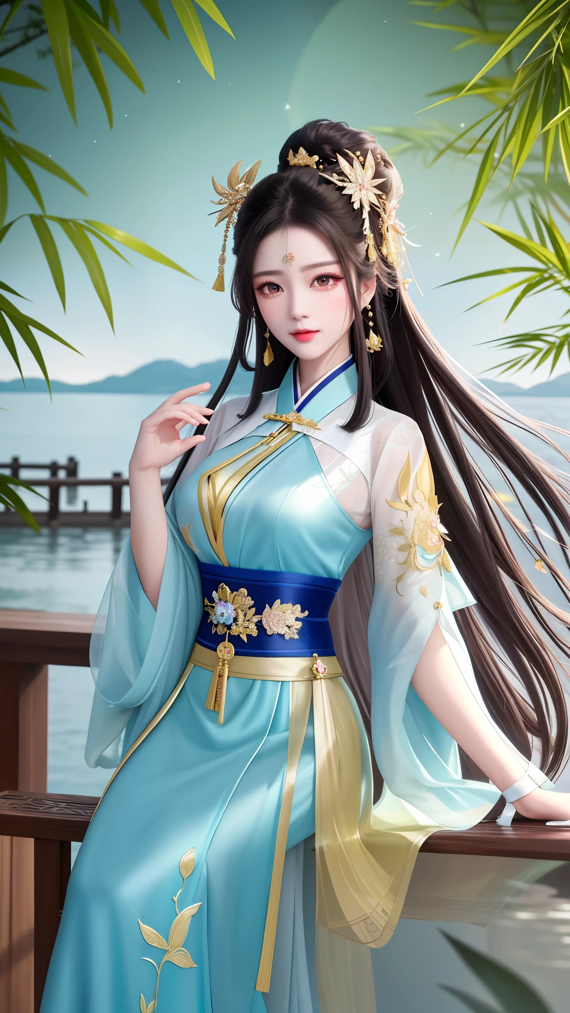 Wuxia girl, with a detailed and beautiful perfect face, every feature sharp and elegant, adorned with intricate make-up and flowing hair. Her clothing is meticulously designed, featuring a complex pattern of delicate silk and intricate embroidery, clinging to her slender figure. Her body, an artistic masterpiece, is the epitome of grace and poise, with large, vibrant eyes that sparkle under the light of the full moon. The lake before her shimmers in the moonlight, reflecting the surrounding bamboo forest, its tranquil surface broken only by the soft ripples made by the occasional deer or rabbit that comes to drink. With one hand resting on the