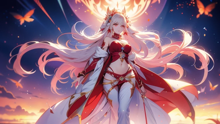 anime girl in red dress with fire and stars, goddess of fire, white hair, fantasy art style, the fire queen, fire dress, fire goddess, silver white hair, appears as the fire goddess, holy fire spell art, beautiful celestial mage, silver white hair, lava and fire goddess, anime fantasy artwork, hot fire goddess, anime goddess, silver white hair, 8k high quality detailed art, anime fantasy illustration, dress made of fire