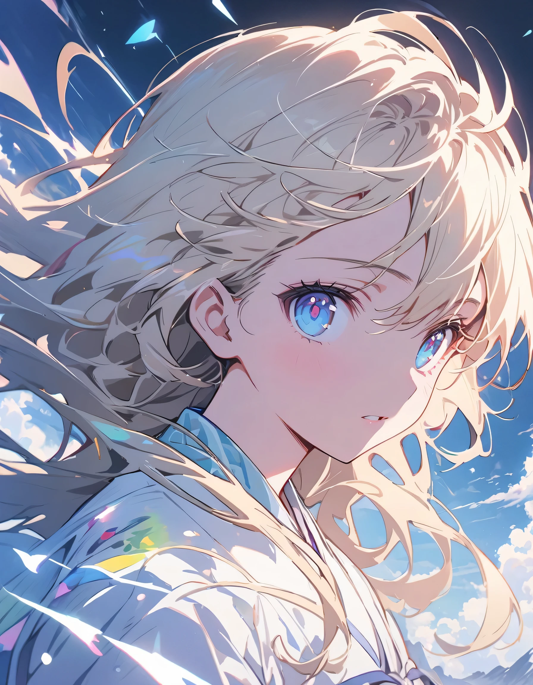 (Very detailed 、 8k wallpaper,masterpiece, highest quality, Very detailed),(Best lighting, Best Shadow, Very delicate and beautiful),floating,High saturation,Blonde+blue eyes:1.2,Gloomy Gothic Landscape, Long Hair, Gazing into the distance. (Beautiful girl wit? long blonde hair and sparkling blue eyes gothic lighting)、(highest quality、masterpiece、High resolution、detailed)、anime style、Flat Style、(Shining Eyes、Beautiful Face),  BREAK,extremely detailed、Dynamic Angle、anime