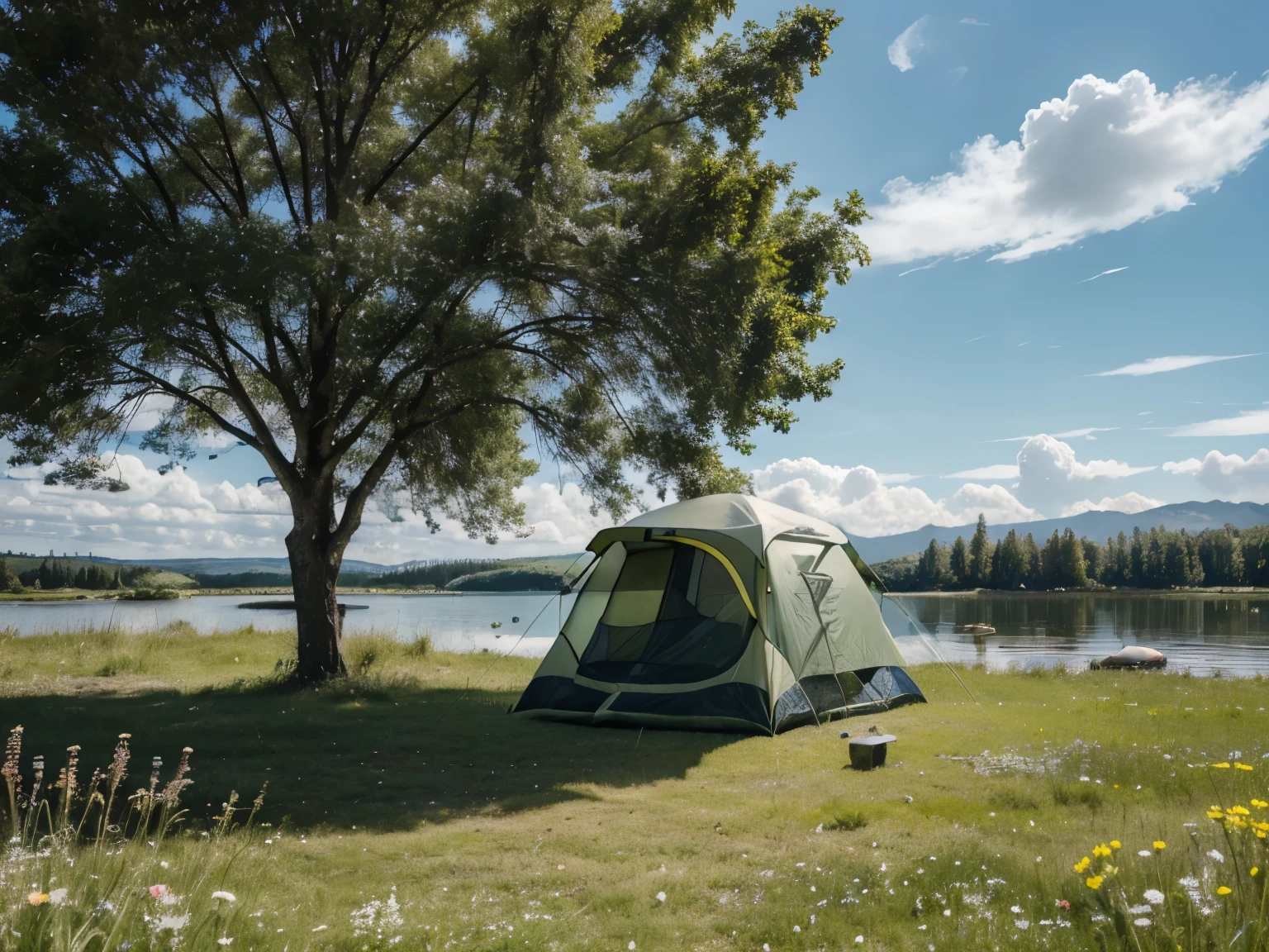 camping, SUV car parking, camping tent, lagoon, meadow, lagoon background, clear sky, natural, nature, few flowers, high resolution, high details, 4k, realistic, masterpiece:1.2, day time, no people.