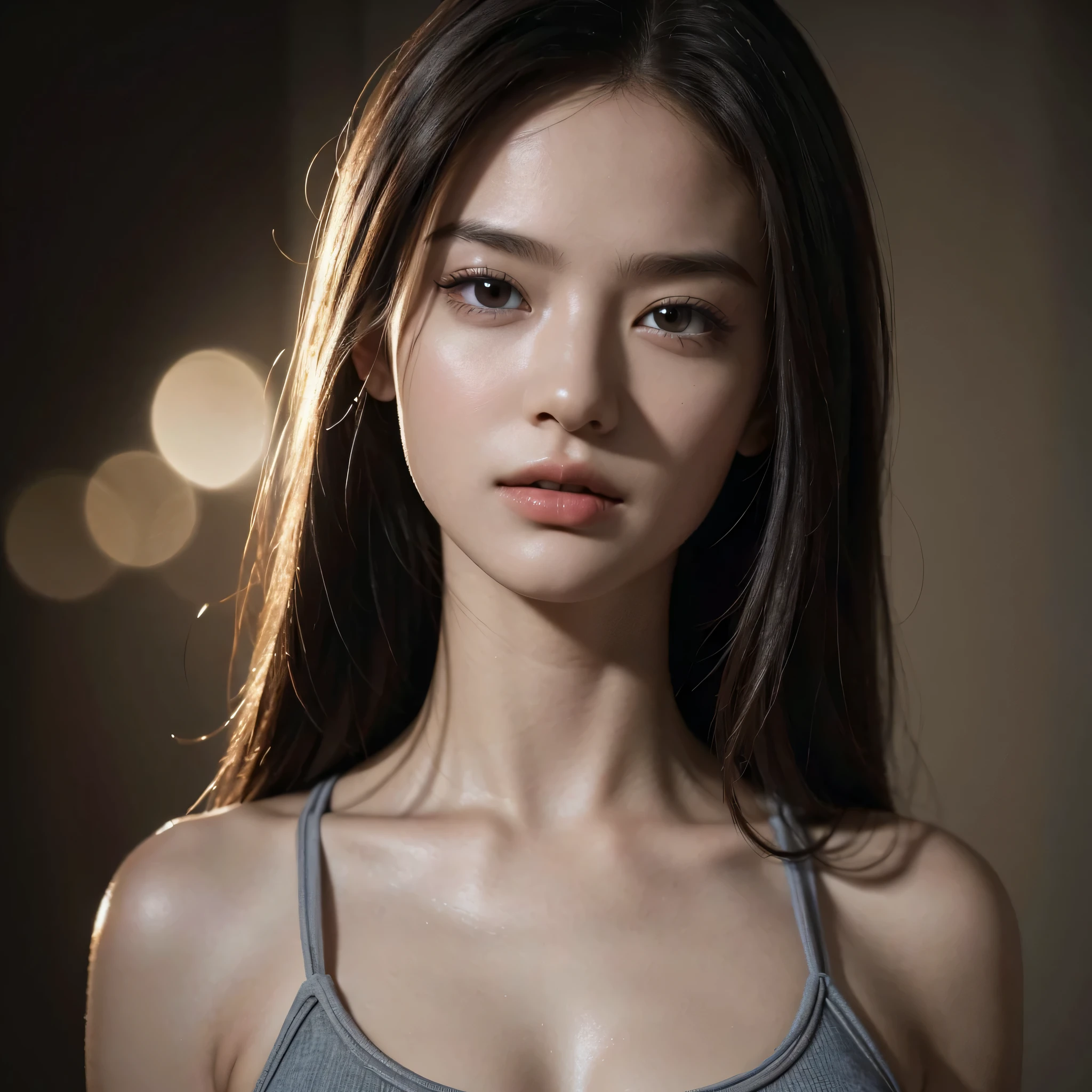 Best Quality, Masterpiece, Ultra High Definition, High resolution, highly detailed, High Definition Face, high quality picture, detailed hair texture, Detailed skin texture, Detailed Cloth Texture, 8K, ultra detailed skin texture, ultra detailed photographic, Portrait of a girl, beautiful eyes, wearing tank top, full body, Slim, Big Breasts, Glossy, shiny skin, ABS