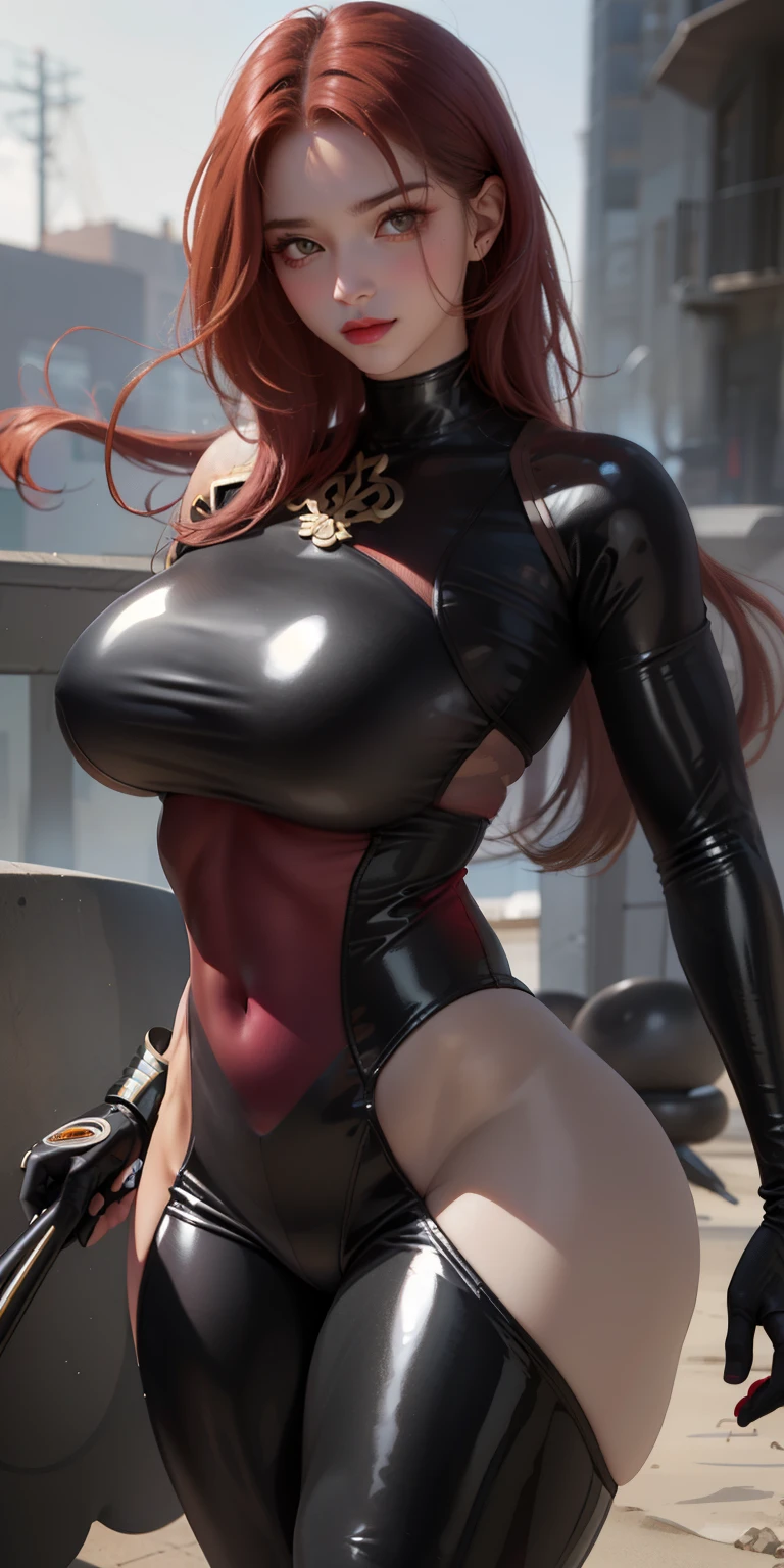 skin completely covered by clothing, high detail, Full body, wearing (tight shirt:1.2), beautiful detailed face, hazel eyes, (attractive fitness woman:1.3), (seductive:1.1), (blushing:1.1), hourglass body shape, complete shiny aerobic black latex bodysuit, big round breasts