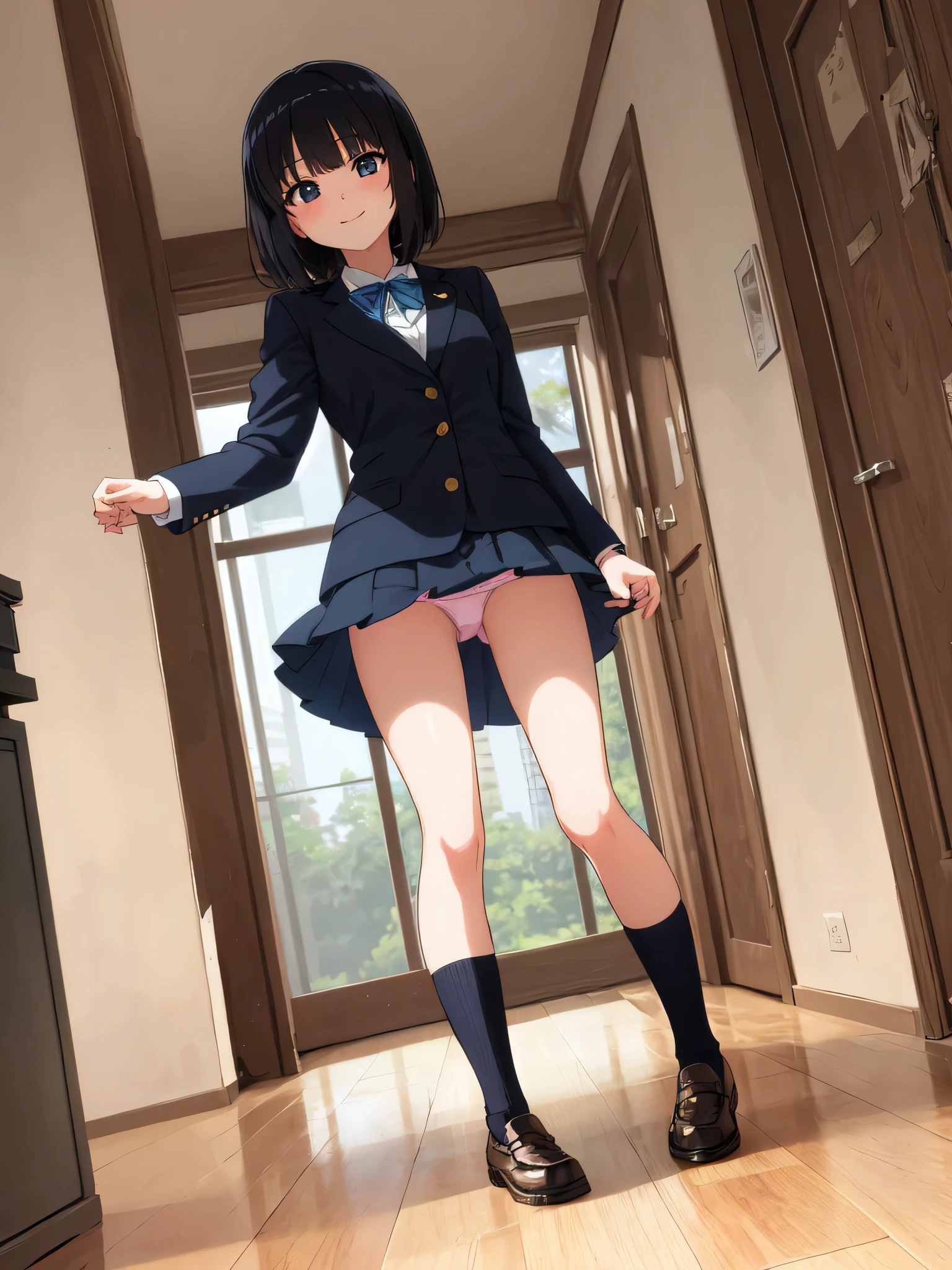(Masterpiece:1.2), (high quality), (pixiv:1.4), (anime:1.4),(Best quality),photo of CUTE 1girl, tall,leggy,smile,standing in neat rows, in the school gymnasium, wearing NAVY Blazer , long sleeve, WHITE shirt, shiny blue ribbon,pleated GRAY_mini_skirt, beautiful eyes, shiny black hair,BLACK short socks, full body shot, closeup shot, from front, from below, dutch angle shot, wide view,((panty))