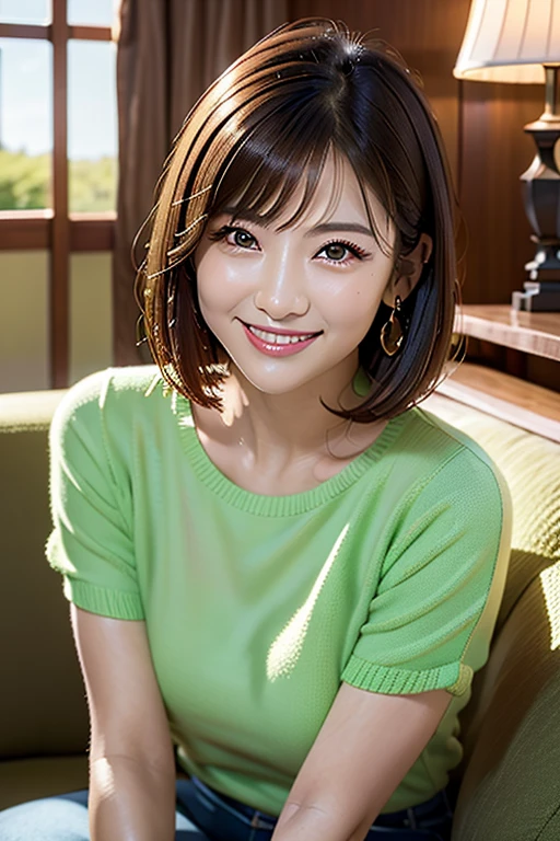 ((highest quality)), ((masterpiece)), (Familiar), Perfect Face, masterpiece、highest quality、High resolution、wallpaper、Realistic、Bright lighting、Professional Lighting、Face Light、Smooth lighting、Japanese women、20th Gen Midplate、so beautiful、Beautiful Skin、Beautiful and detailed、Familiar顔、slim、moderately、short hair、Brunette colored hair、Brown eyes、Looking at the camera、Cafe sofa、 commercial photography, Beautiful Instagram Influencer Girls, The best smile,Daytime、Knit tops