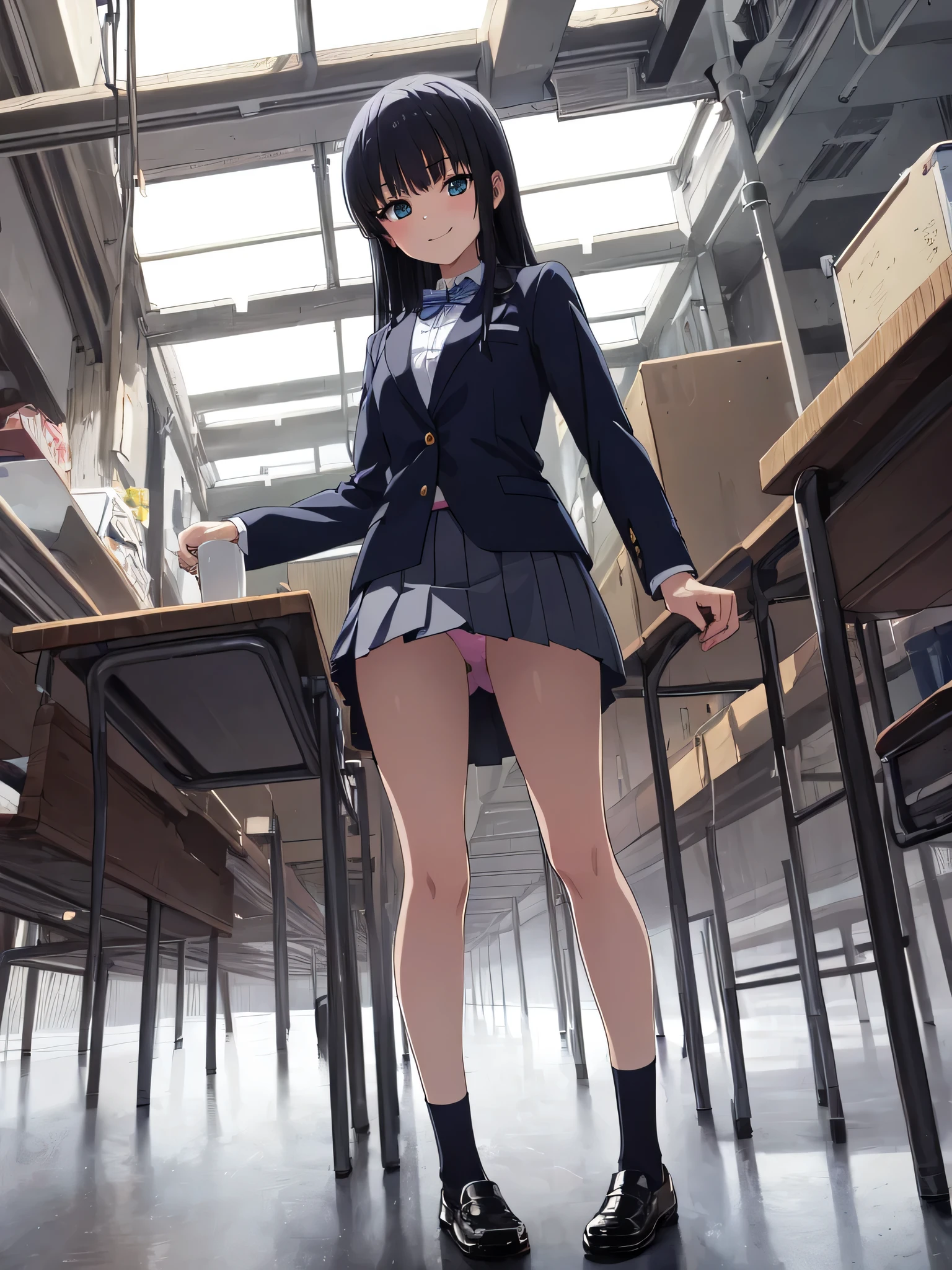 (Masterpiece:1.2), (high quality), (pixiv:1.4), (anime:1.4),(Best quality),photo of CUTE 1girl, tall,leggy,smile,standing in neat rows, in the school gymnasium, wearing NAVY Blazer , long sleeve, WHITE shirt, shiny blue ribbon,pleated GRAY_mini_skirt, beautiful eyes, shiny black hair,BLACK short socks, full body shot, closeup shot, from front, from below, dutch angle shot, wide view,((panty))