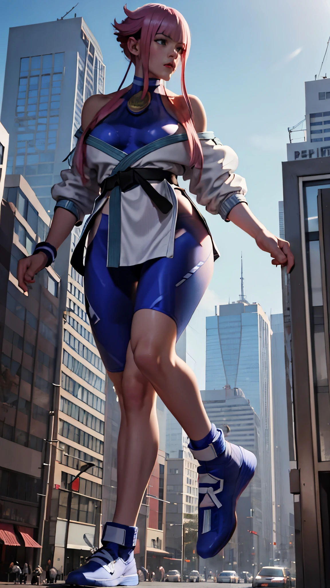 Masterpiece, best quality, high-resolution, 1girl, solo, 1girl, giantess, giant girl, mamonms, off shoulder, white dougi, martial arts belt, halterneck, hip ventilation, bodysuit, walking in city