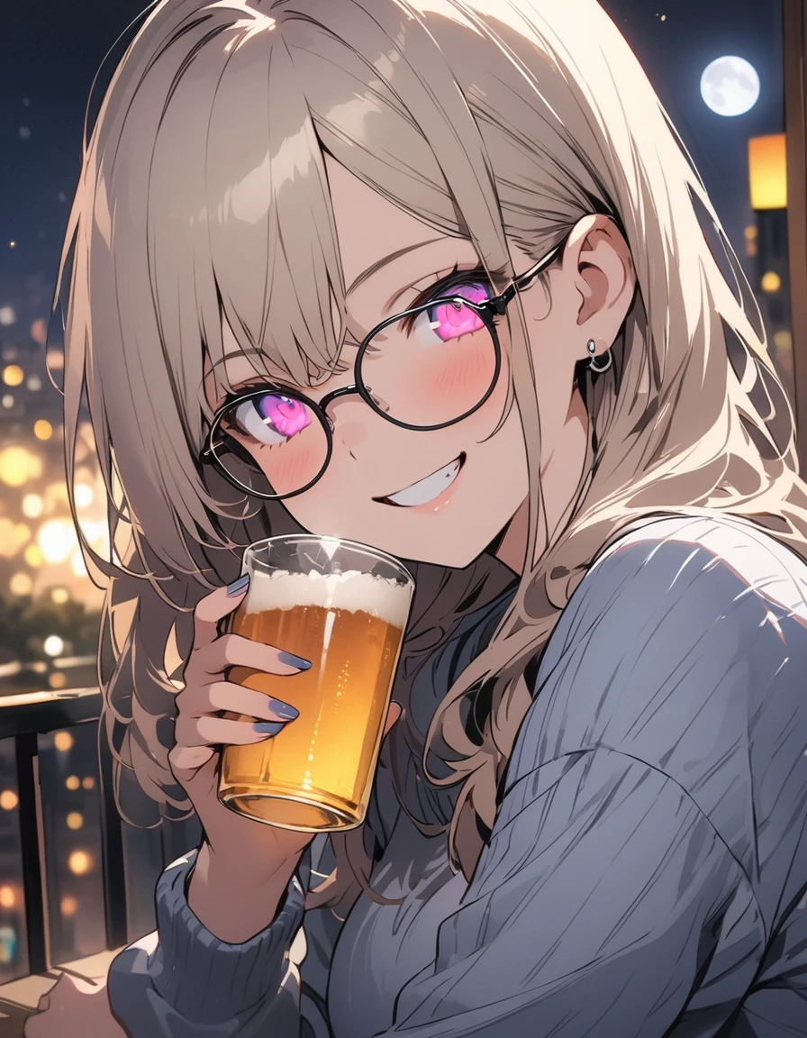 (masterpiece), best quality, expressive eyes, perfect face, At night, under the city lights,
on a balcony of an apartment,
a woman drinks beer, smiling,
wearing glasses, under the moon and stars,
feeling the night breeze.(highest quality、masterpiece、High resolution、detailed)、animeスタイル、Flat Style、(Shining Eyes、detailed美しい顔),  BREAK,Dynamic Angle、anime