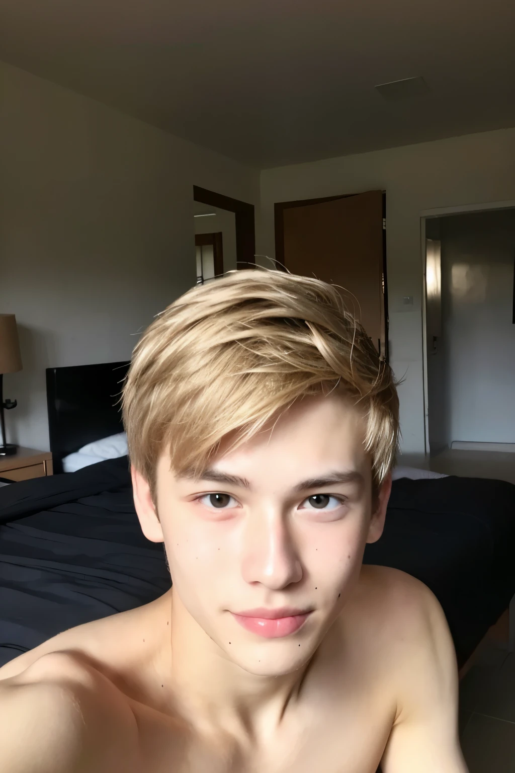 ((Best quality)), ((masterpiece)), (detailed), perfect face, guy , pumped up, without a t-shirt, blond, sitting on the bed, short hair, selfie, dark, smile, You can see the teeth