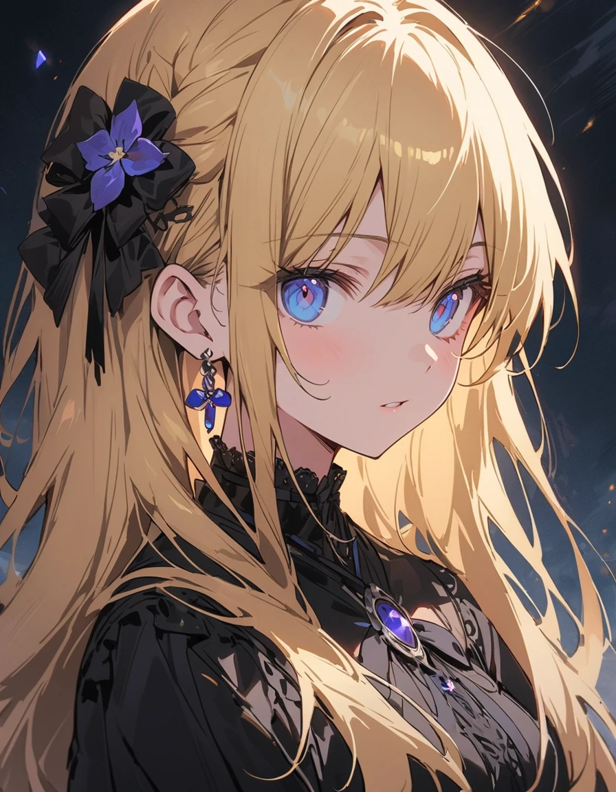 (非常にdetailedな 、 8k wallpaper,masterpiece, highest quality, 非常にdetailedな),(Best lighting, Best Shadow, Very delicate and beautiful),floating,High saturation,Blonde+blue eyes:1.2,Gloomy Gothic Landscape, Long Hair, Gazing into the distance. (長いブロンドの髪と輝くblue eyesのゴシック照明を持つ美しい女の子)、Gothic Lolita Clothing、(highest quality、masterpiece、High resolution、detailed)、animeスタイル、Flat Style、(Shining Eyes、detailed美しい顔), BREAK,extremely detailed、Dynamic Angle、anime