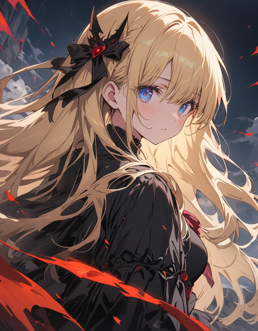 (非常にdetailedな 、 8k wallpaper,masterpiece, highest quality, 非常にdetailedな),(Best lighting, Best Shadow, Very delicate and beautiful),floating,High saturation,Blonde+blue eyes:1.2,Gloomy Gothic Landscape, Long Hair, Gazing into the distance. (長いブロンドの髪と輝くblue eyesのゴシック照明を持つ美しい女の子)、Gothic Lolita Clothing、(highest quality、masterpiece、High resolution、detailed)、animeスタイル、Flat Style、(Shining Eyes、detailed美しい顔), BREAK,extremely detailed、Dynamic Angle、anime