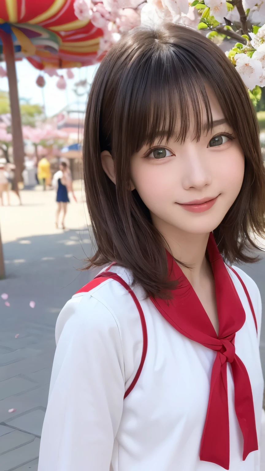 one girl, (a beauty girl, delicate girl:1.3), (14 years old:1.3),
break, (spring, colorfulな服:1.3),
break, (amusement park:1.3), (Cherry blossoms fall:1.3), (wool gloves), perfectly trimmed fingers,
break, Extremely fine resolution, (Symmetrical eyes:1.3),
break, Small breasts, Brown eyes, Parted bangs, Brown Hair,  girl,
break, (Eye and facial details:1.0), (Get closer to the face, Make your face bigger, Face Focus:1.0),Face close-up,
break, (masterpiece, highest quality, Very detailed, Detailed face, 8k),SakuraFubuki,Cherry blossom petals,smile,Random Pause、blue eyes、white gloves,ponytail、SakuraFubuki、gloves、break,look back,smile、Close-up shot , (masterpiece、highest quality、Official Art:1.2)、(colorful)、View your viewers、1 girl、Portraiture、alone、colorfulな浮遊物 、Peekaboo、Touching hair、balloon、amusement park、festival、White Dress、Yay!、Bye bye、Random sexy poses