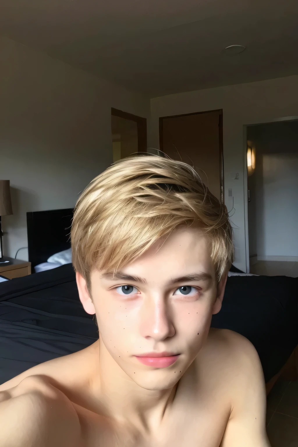 ((Best quality)), ((masterpiece)), (detailed), perfect face, guy 15 years old, pumped up, without a t-shirt, blond, sitting on the bed, short hair, selfie, dark, smile